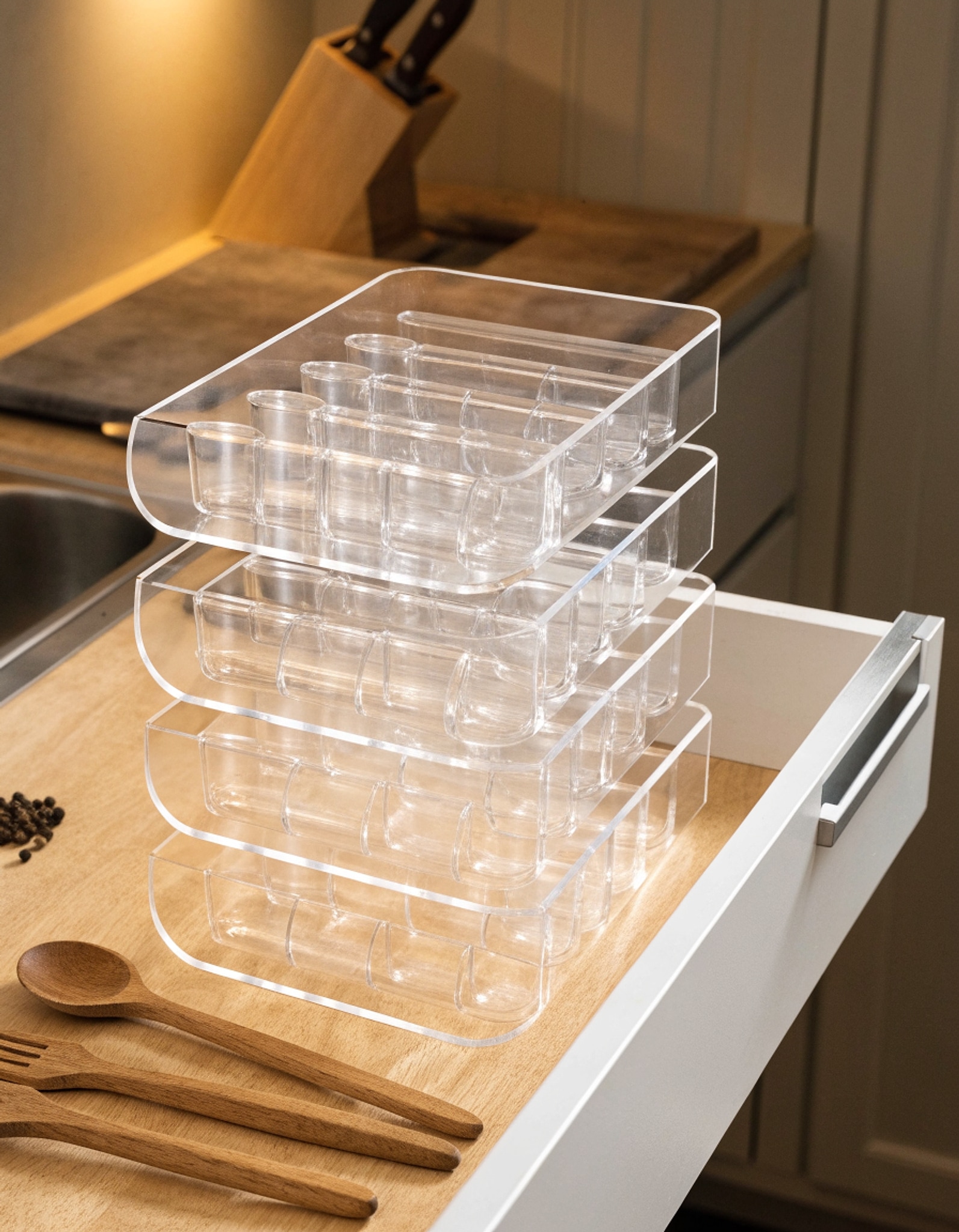 Illustrative visual for MIUKAA Clear Acrylic Spice Drawer Organizer, 4 Tier- 2 Set Expandable From 13" to 26" Drawer Seasoning Organizer, Kitchen Spice Rack Tray for Drawer/Countertop (Jars not included)