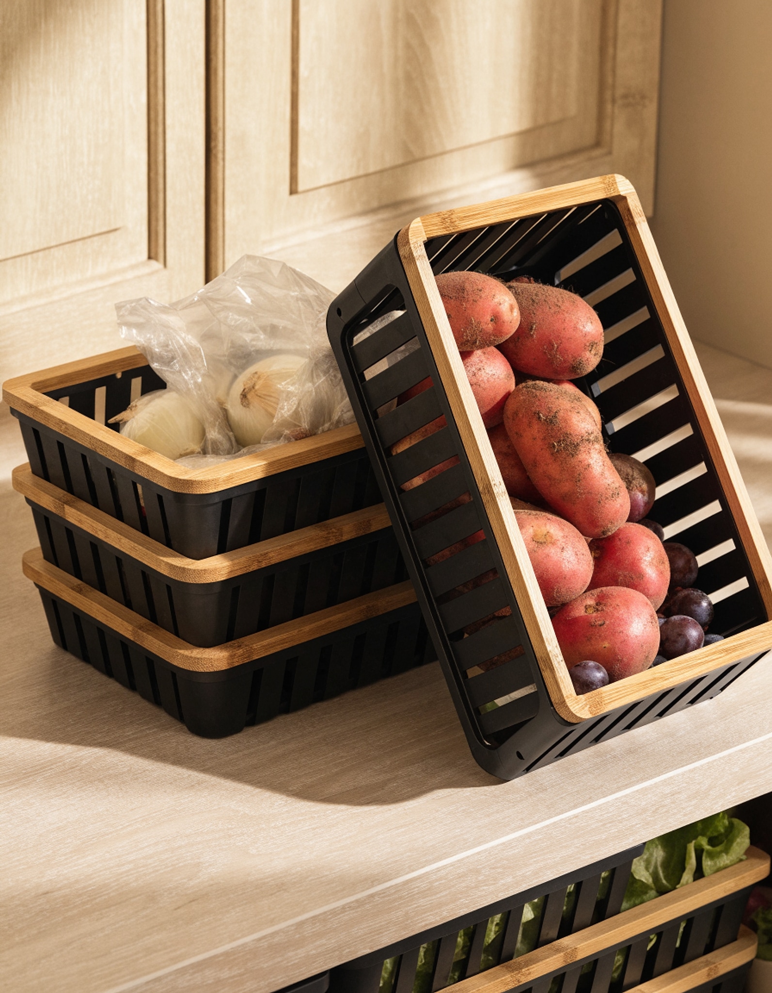 Illustrative visual for Pantry Organizers Storage Heavy-duty Ultrathick, THASOK 2 Set Kitchen Cupboard Organizers Upgraded Fence design, Stackable Baskets Storage with Bamboo Top for Onion,Potato,Fruits,Produce,Vegetable