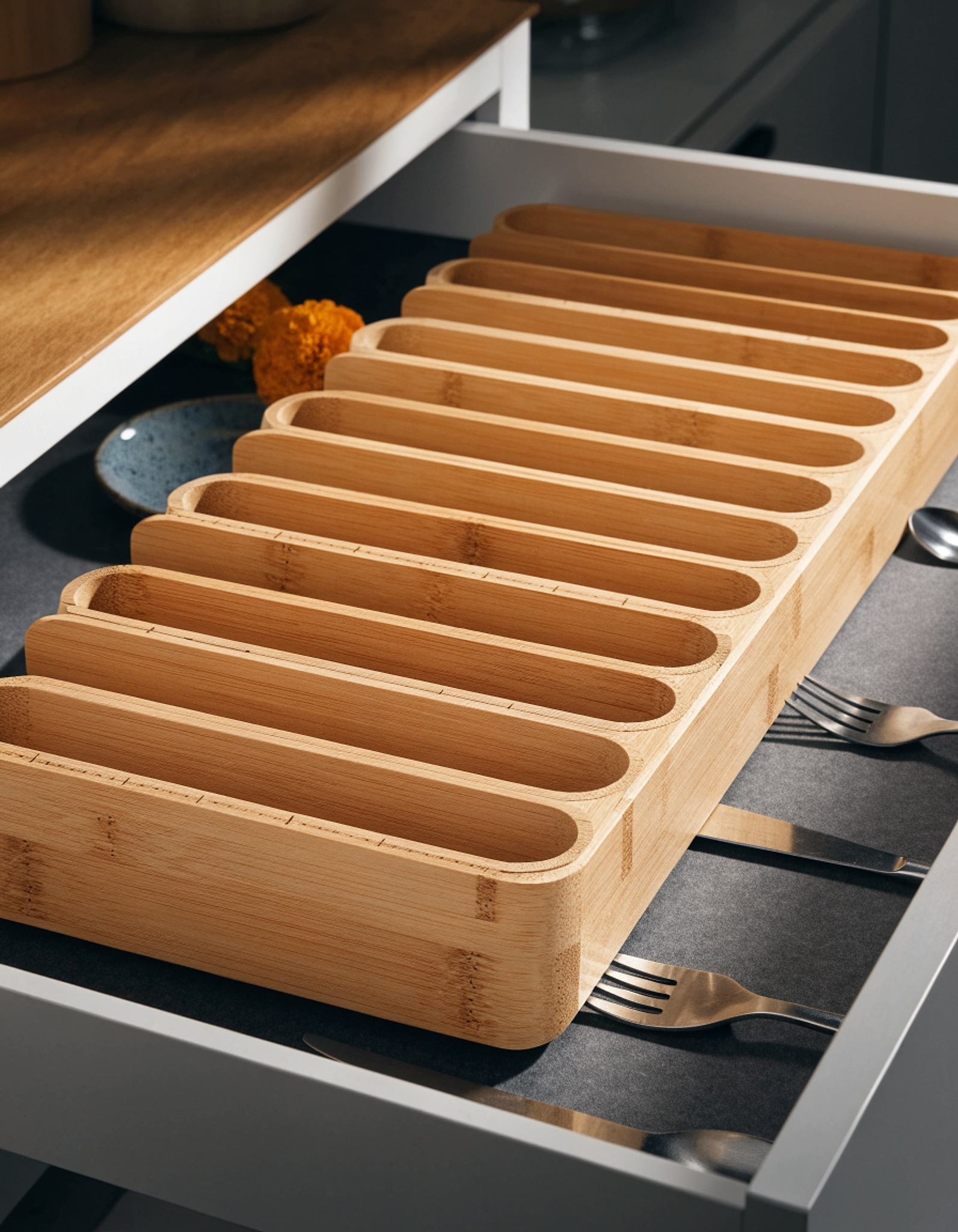 Illustrative visual for Luxury Cutlery Drawer Organizer - Utensil Holder & Kitchen Drawer Organizer, Bamboo Expandable 9 Slots Silverware Drawer Organizer For Kitchen, Slip Resistant For Flatware & Kitchen Utensils, Natural