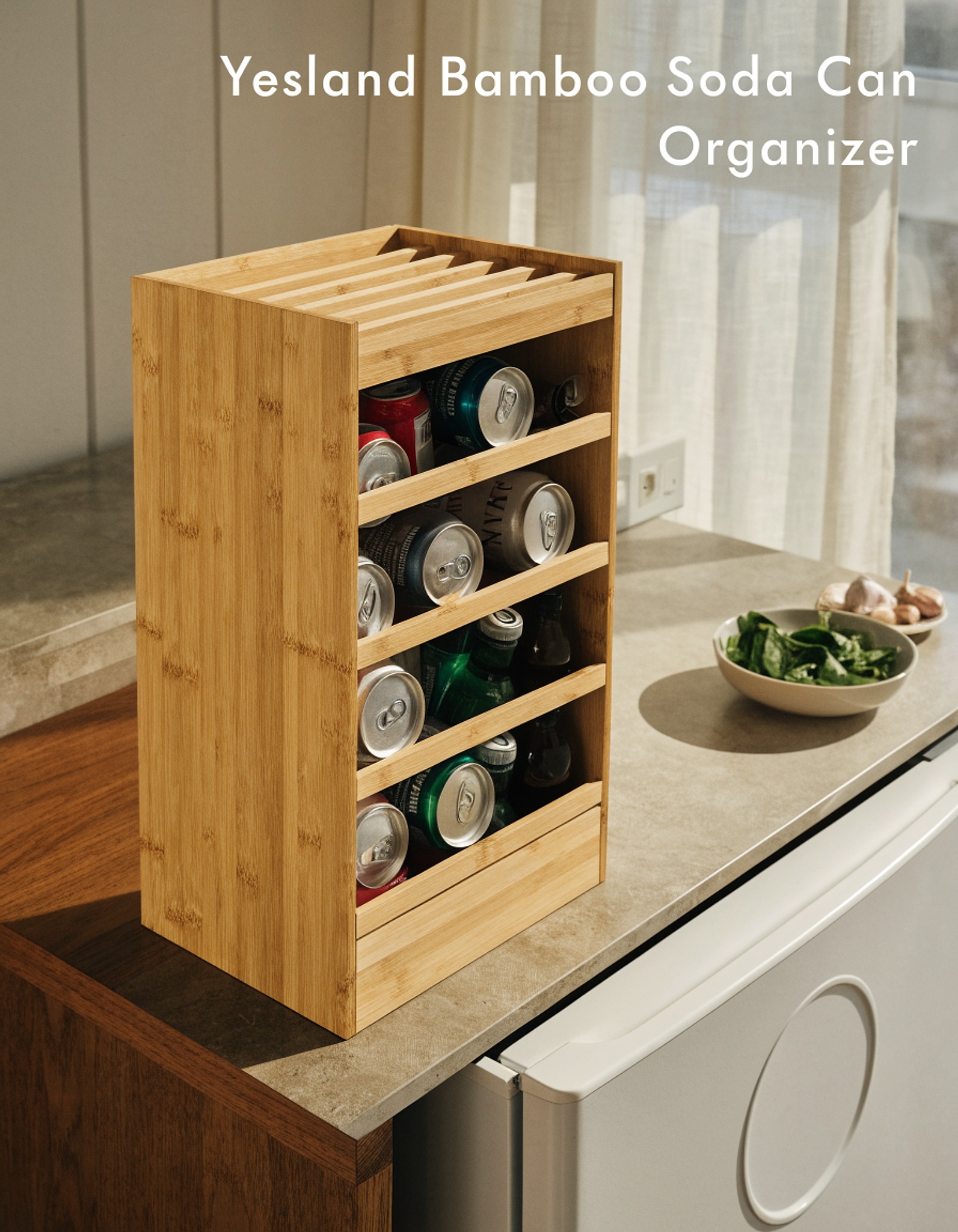 Illustrative visual for Yesland Bamboo Soda Can Organizers, Can Holder and Drink Dispenser for Kitchen, Countertop, Pantry Organizer Bins for Soda, Pop, Drinks, Beer, Water Bottles, Holds 26-28 Cans, natural