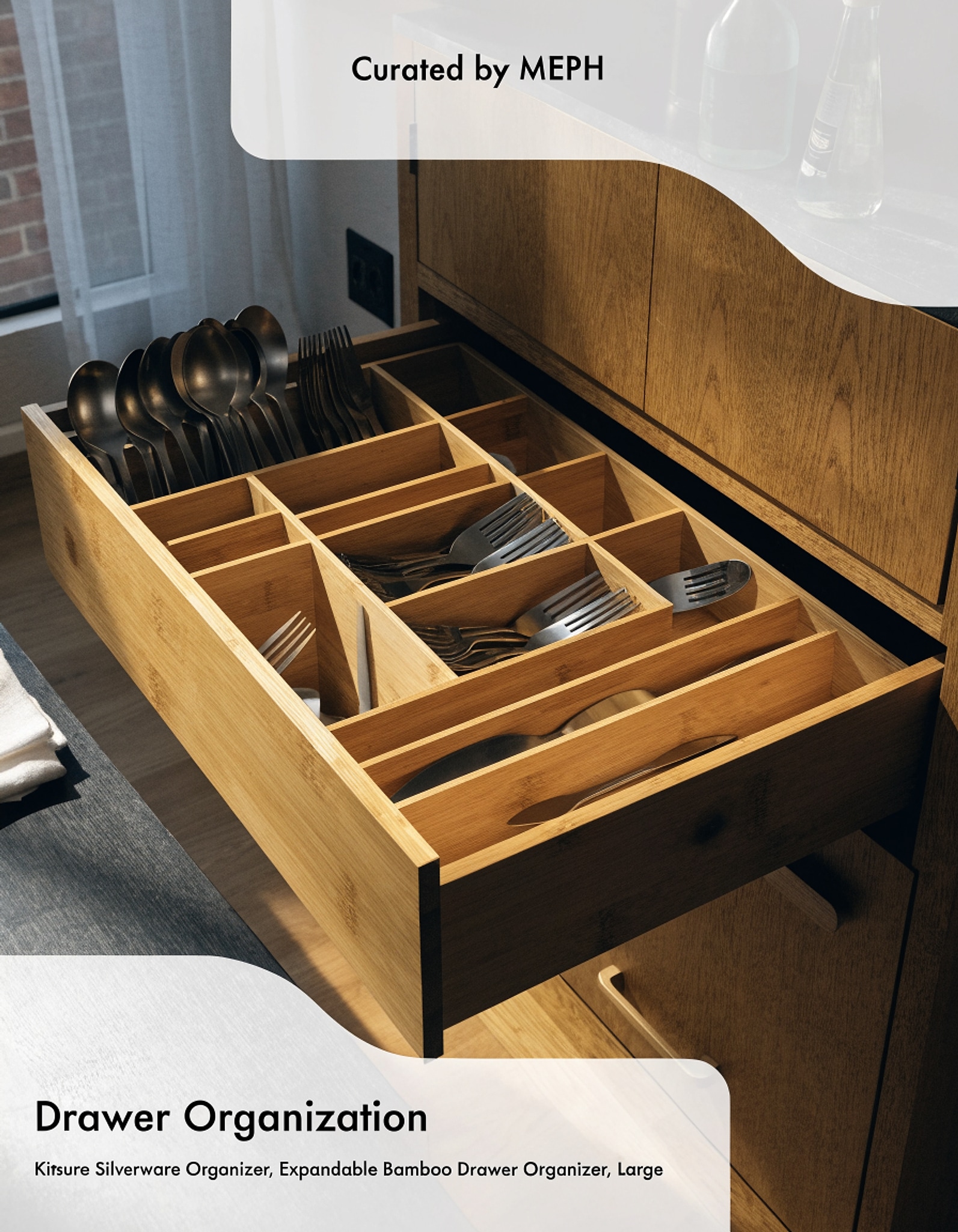 Illustrative visual for Kitsure Silverware Organizer, Expandable Bamboo Drawer Organizer, Large