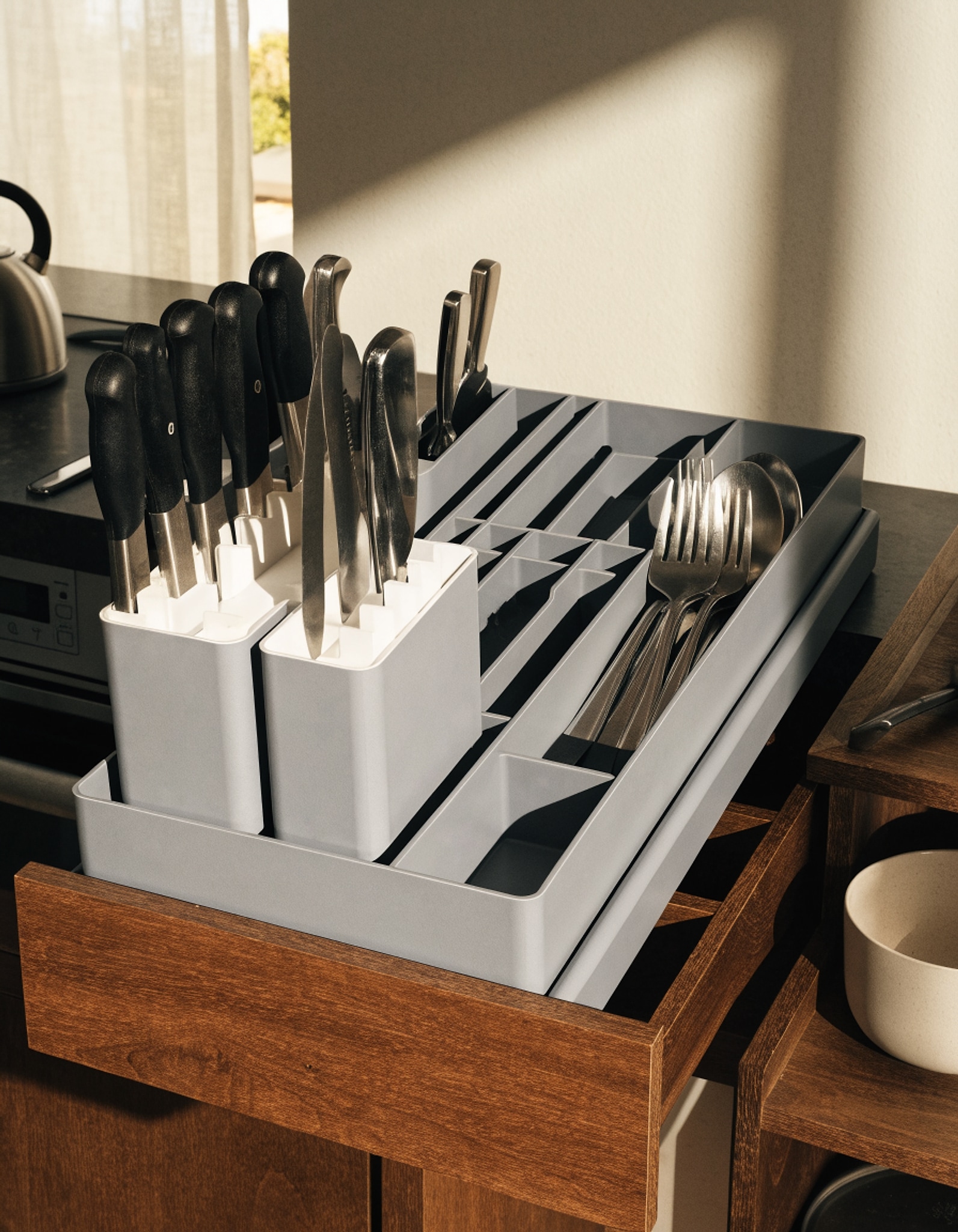 Illustrative visual for Silverware Organizer - Expandable Large Kitchen Drawer Organizer Utensil Organizer with 2 Removable Knife Blocks, 22"x 19"Cutlery Tray Drawer Dividers for Kitchen Flatware(6-9 Slots) (Grey)