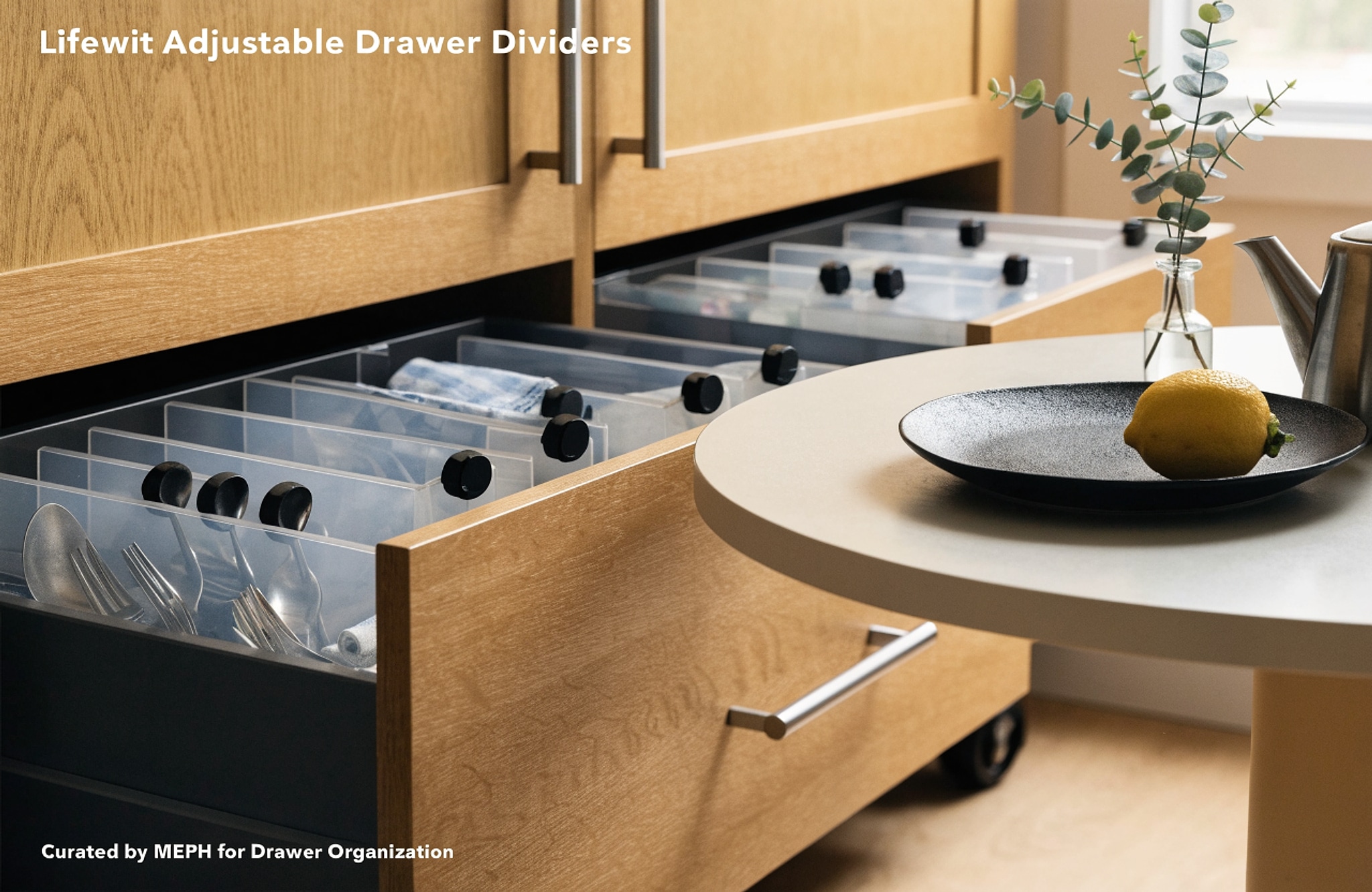 Illustrative visual for Lifewit Adjustable Drawer Dividers, 3.2" High 10.5-16.5" Long, 4 Pack