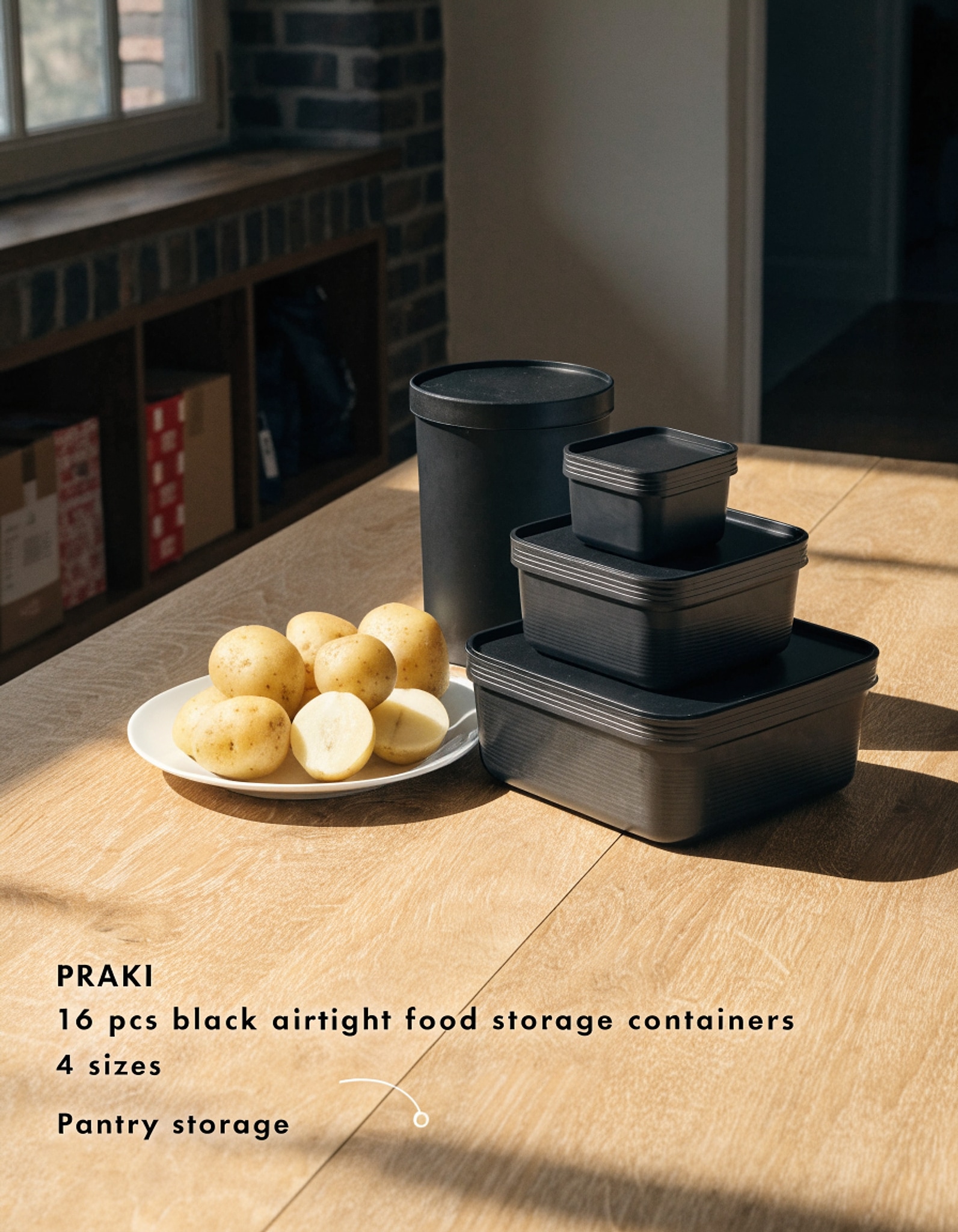 Illustrative visual for PRAKI 16 Pcs Airtight Food Storage Containers Set with Lids, 4 Sizes, Black