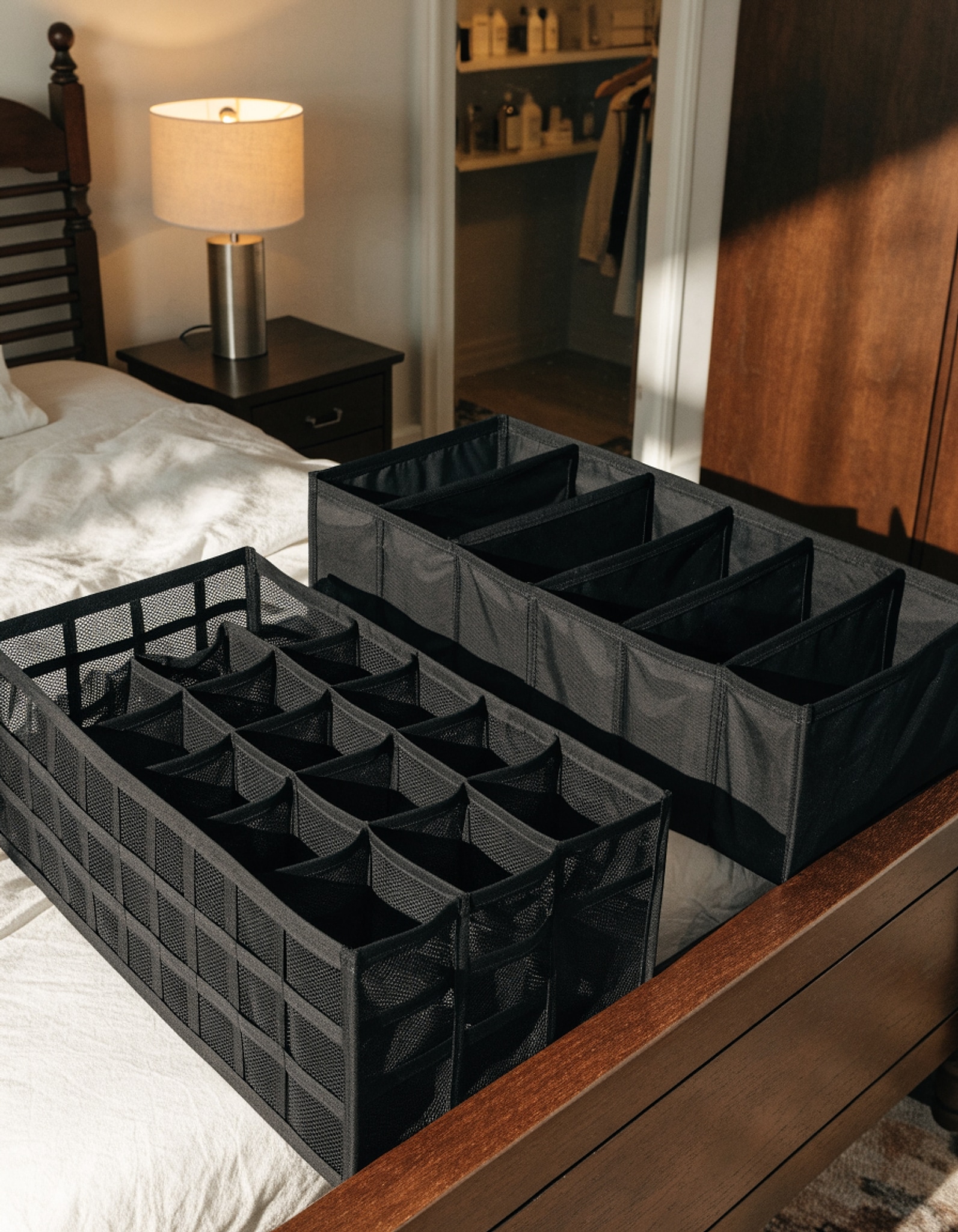 Illustrative visual for SONGMICS Set of 8 Drawer Organizers, Underwear Oragnizer, Drawer Dividers, Fldable, for Bras Undies Socks Ties, Fabric Storage Organizers for Closet Wardrobe Shelves, Black URUS008B01