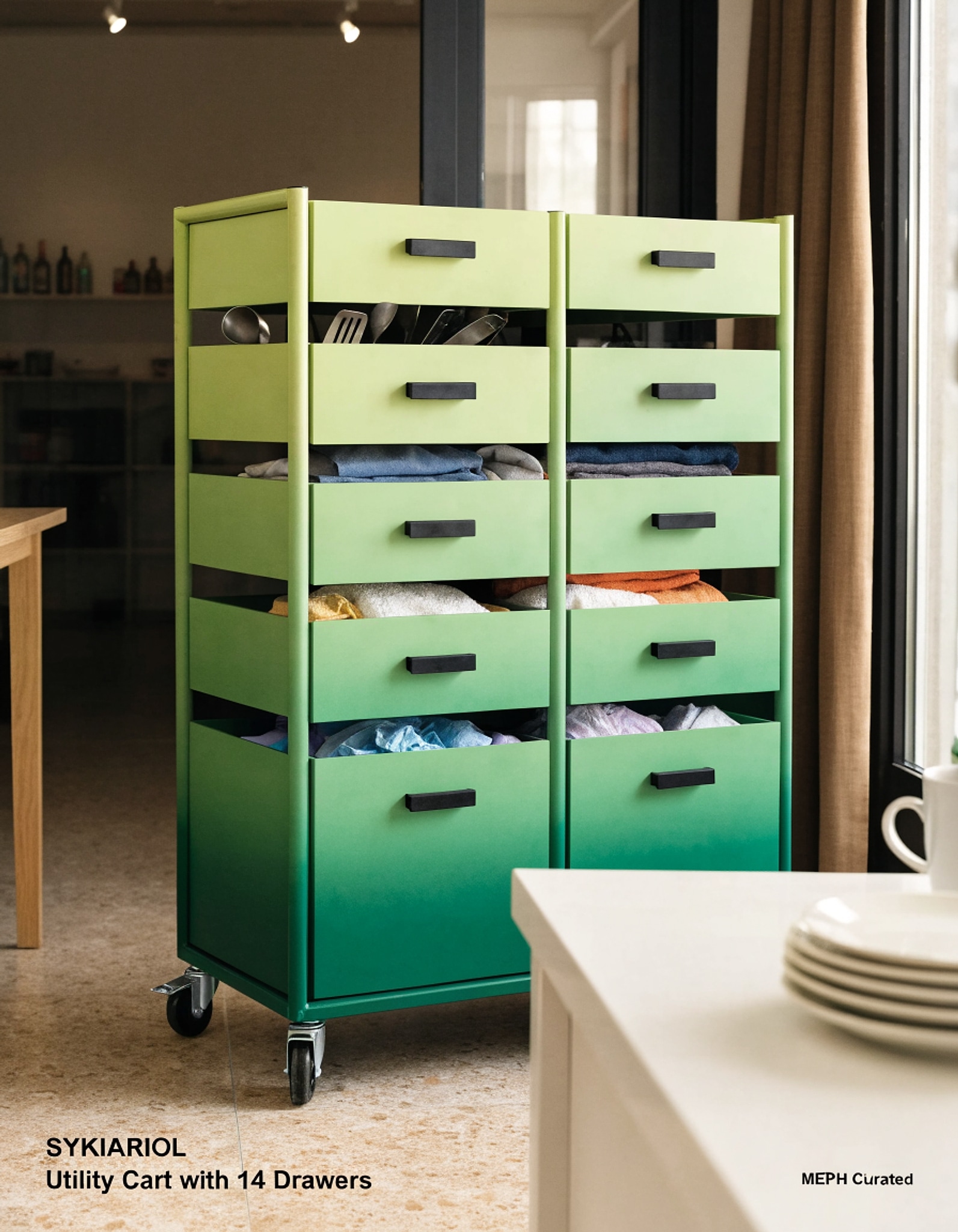 Illustrative visual for SYKIARIOL Utility Cart with 14 Drawers, Gradient Green