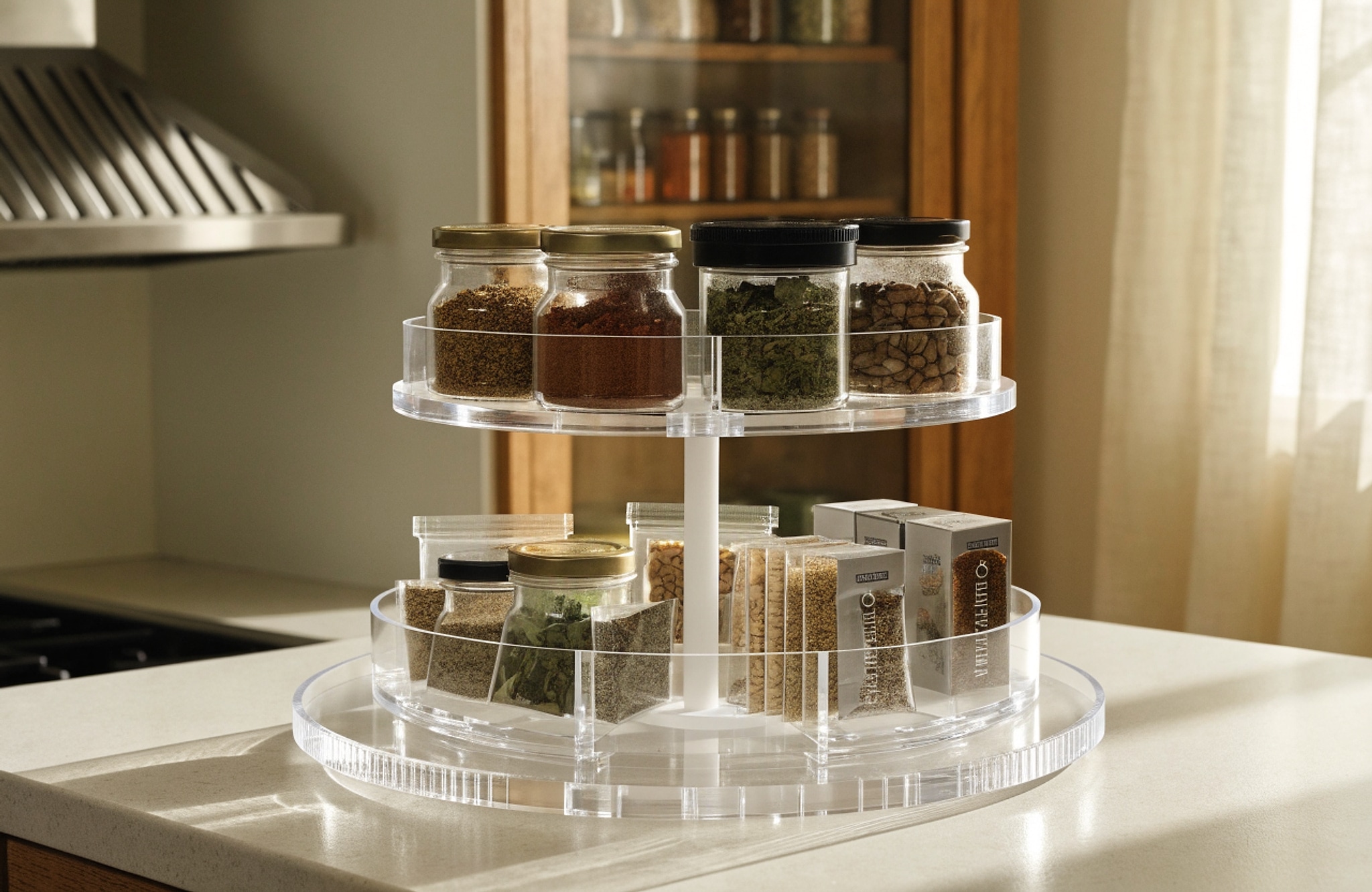 Illustrative visual for 2-Tier Lazy Susan Organizer Turntable, Clear 9.25-Inch Rotating Spice Rack Organizer for Kitchen Cabinet, Pantry, Bathroom, Makeup Vanity, Countertop, Under Sink Organization