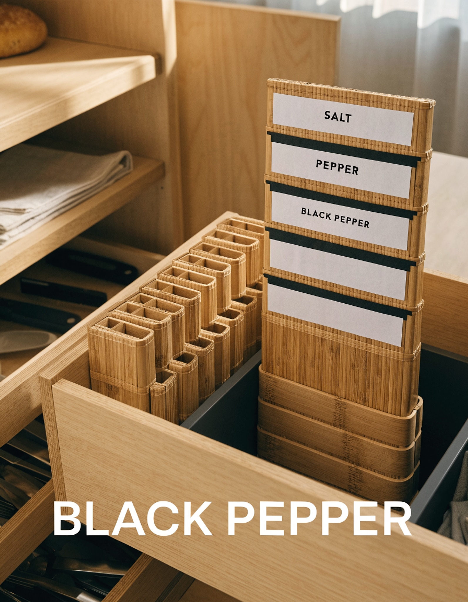 Illustrative visual for SpaceAid Bamboo Drawer Dividers with Inserts and Labels, Kitchen Cabinet Adjustable Drawer Organizers, Expandable Organization for Home, Office, Dressers, 4 Dividers with 9 Inserts (17-22 in)