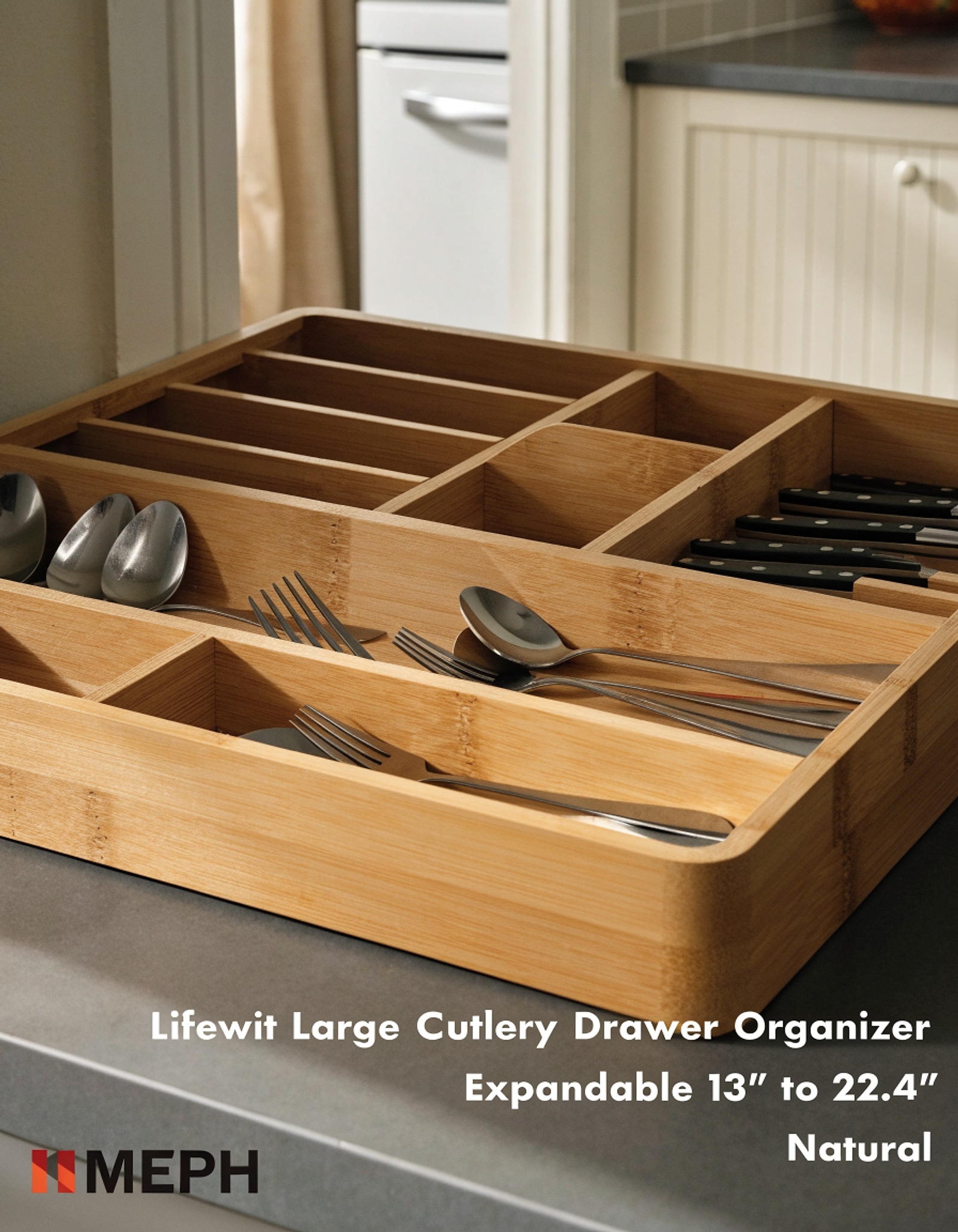 Illustrative visual for Lifewit Large Cutlery Drawer Organizer, Expandable 13" to 22.4" Utensil Holder for Kitchen, Bamboo Flatware and Silverware Tray, Wood Adjustable Storage for Spoons Forks Knives, Natural