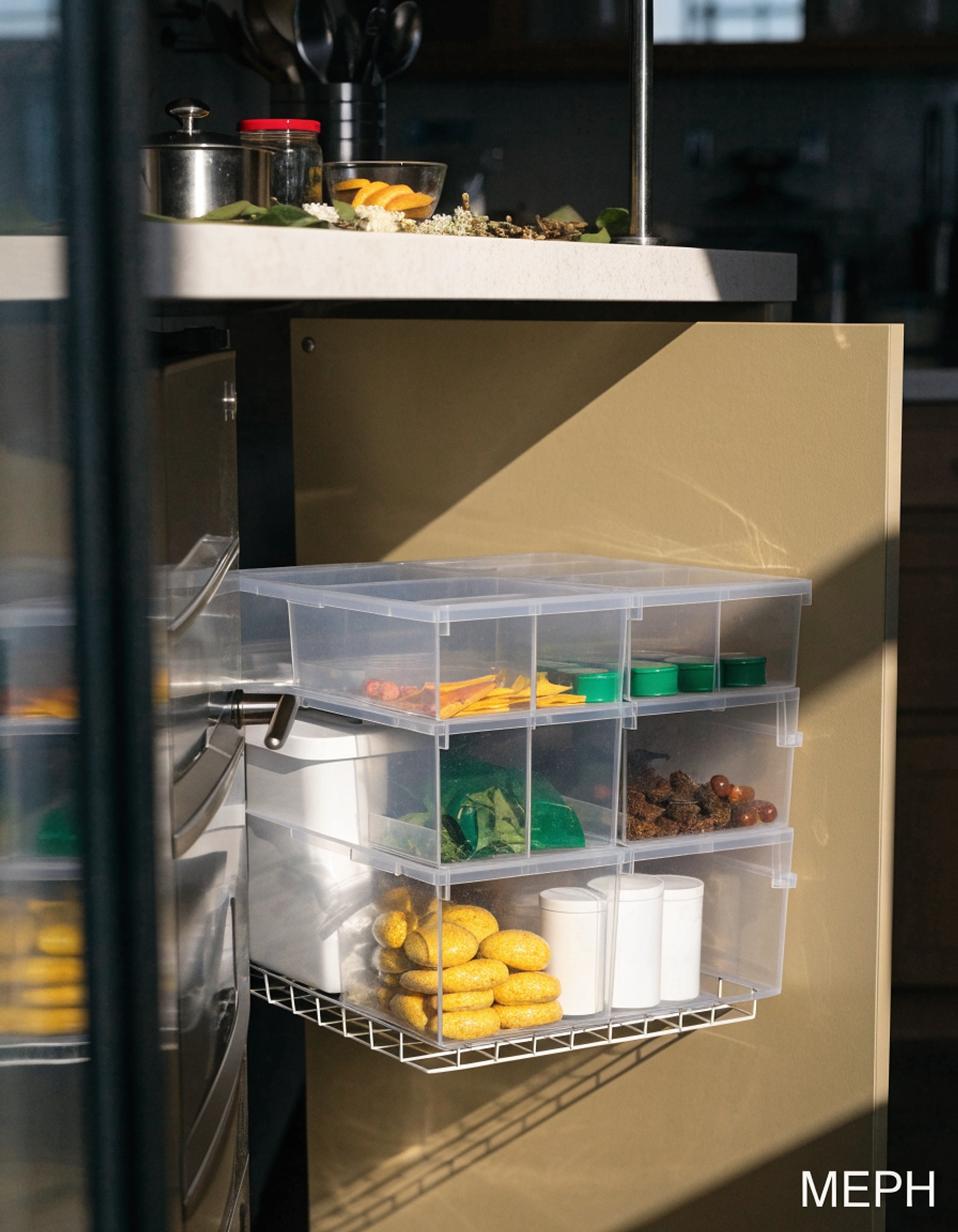 Illustrative visual for ZIZOTI Clear Pantry Organizer Storage Bins 4 Pack Plastic Removable Snack Organizer Pantry Organization Storage Racks with Removable Dividers, Perfect for Snacks, Packets, Spices, Kitchen, Cabinets