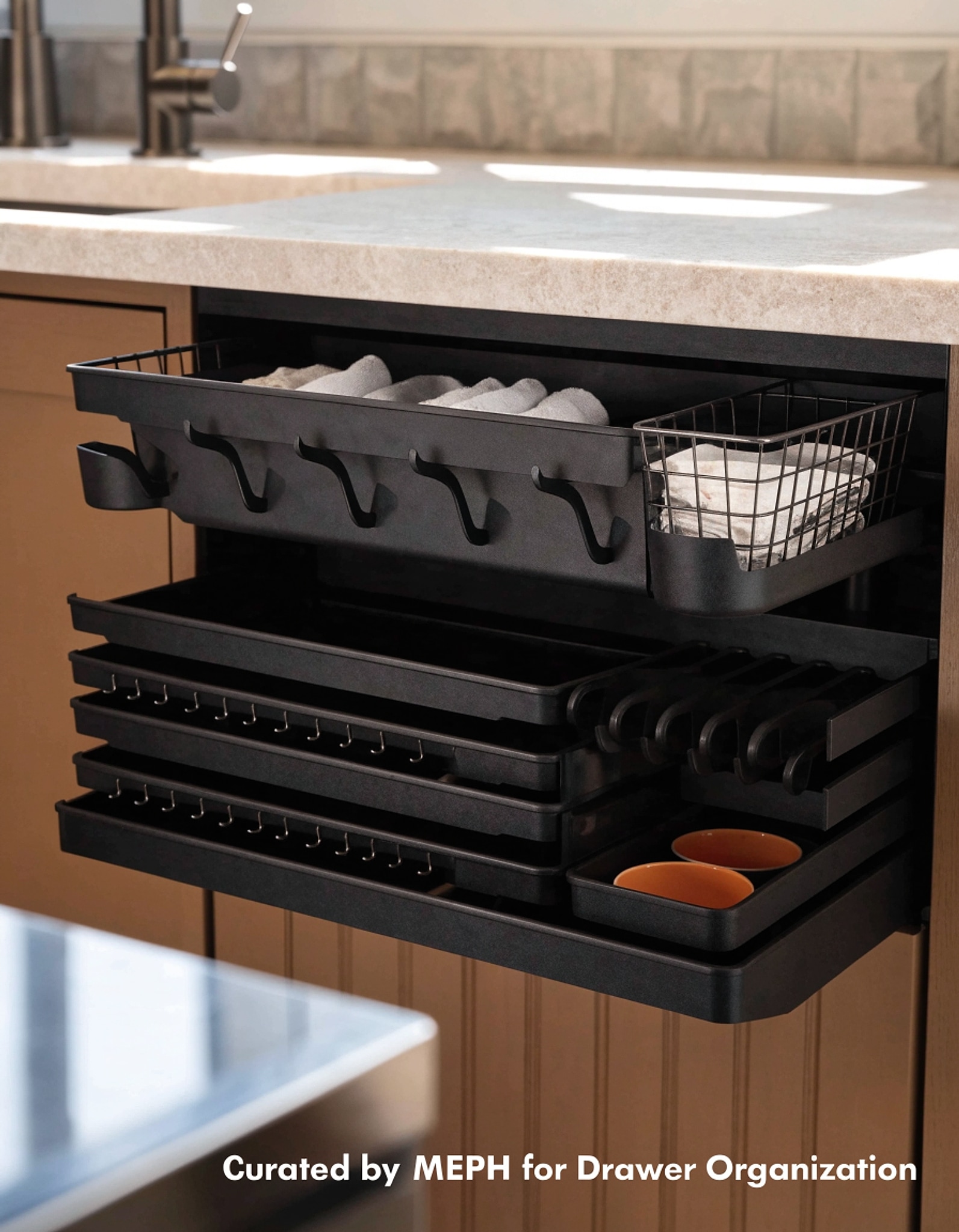 Illustrative visual for Sevenblue 4-Pack 2-Tier Under Sink Organizer with Pull-Out Drawers | Kitchen Organizers and Storage, Bathroom Organizers, Large-Capacity, Hooks & Cups, Space-Saving Design, Color: Black