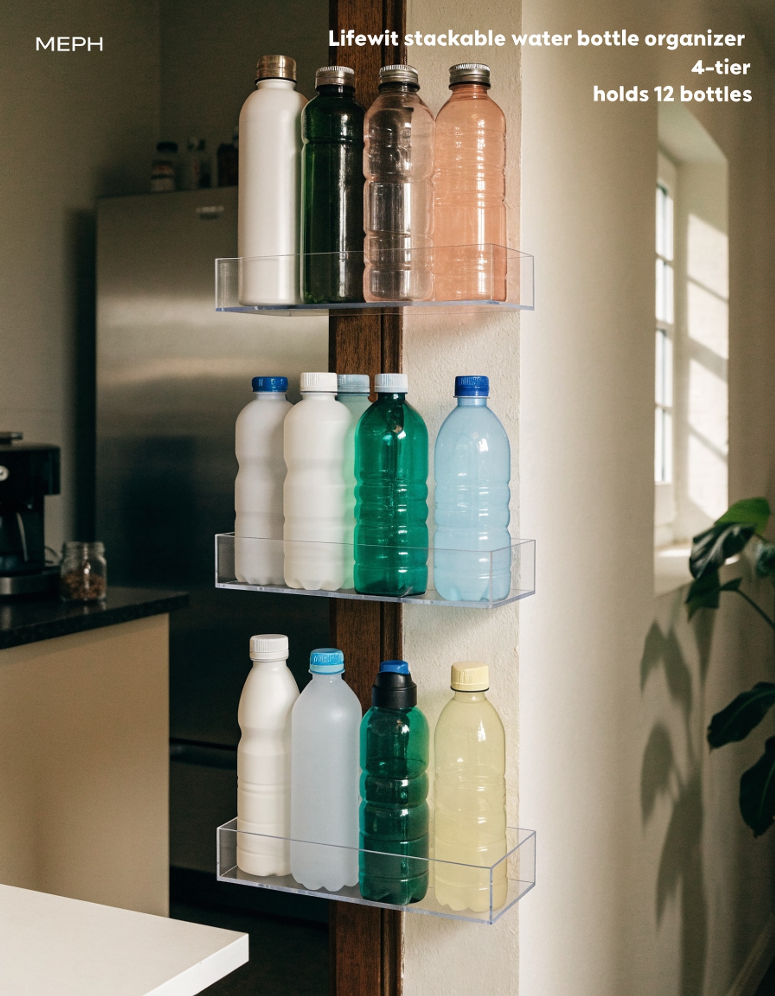 Illustrative visual for Lifewit Stackable Water Bottle Organizer, 4-Tier, Holds 12 Bottles