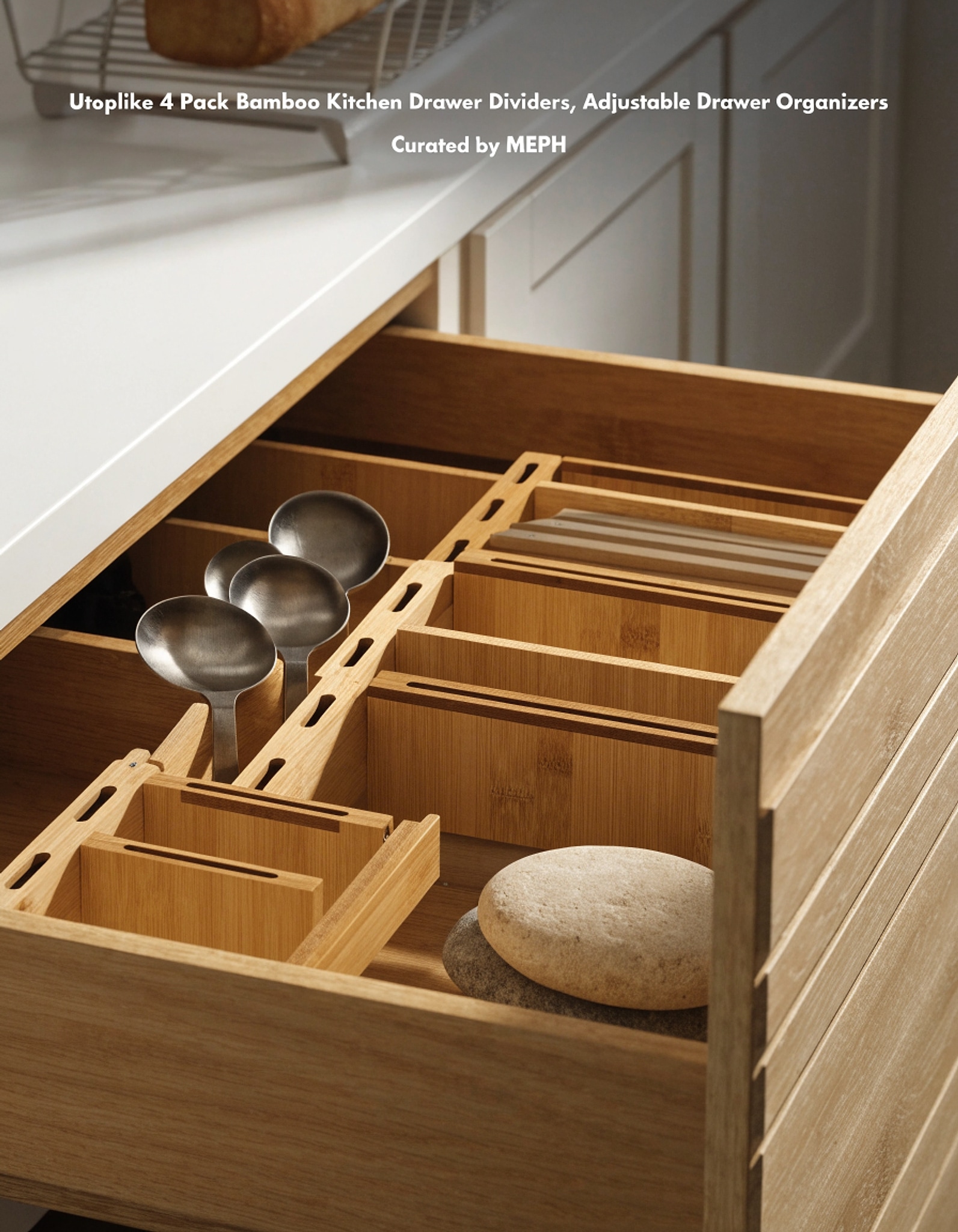 Illustrative visual for Utoplike 4 Pack Bamboo Kitchen Drawer Dividers,Adjustable Drawer Organizers