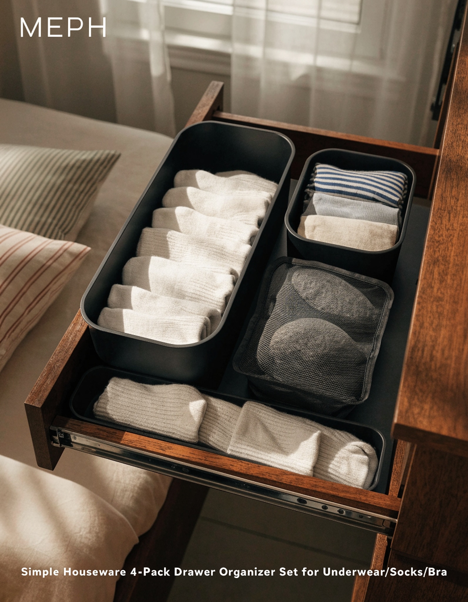 Illustrative visual for Simple Houseware 4-Pack Drawer Organizer Set for Underwear/Socks/Bra, Black