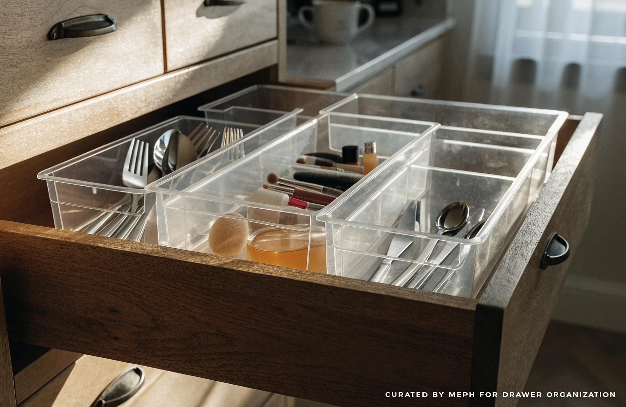 Illustrative visual for 3 Pack Large Clear Plastic Drawer Organizer Tray Cutlery Utensil Makeups Drawer Organizers (3 Pack 15"x6")