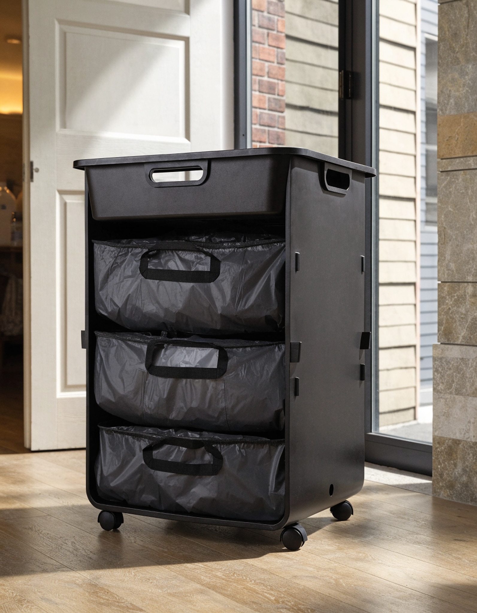 Illustrative visual for FIONESO Laundry Hamper, 2 Drawers (30L) Laundry Basket with 3 Pull-Out and Removable Bags, 3 x 8 Gallons (90L) Laundry Sorter with 2-tone Top Panel, Rolling Laundry Basket with Wheels, Black
