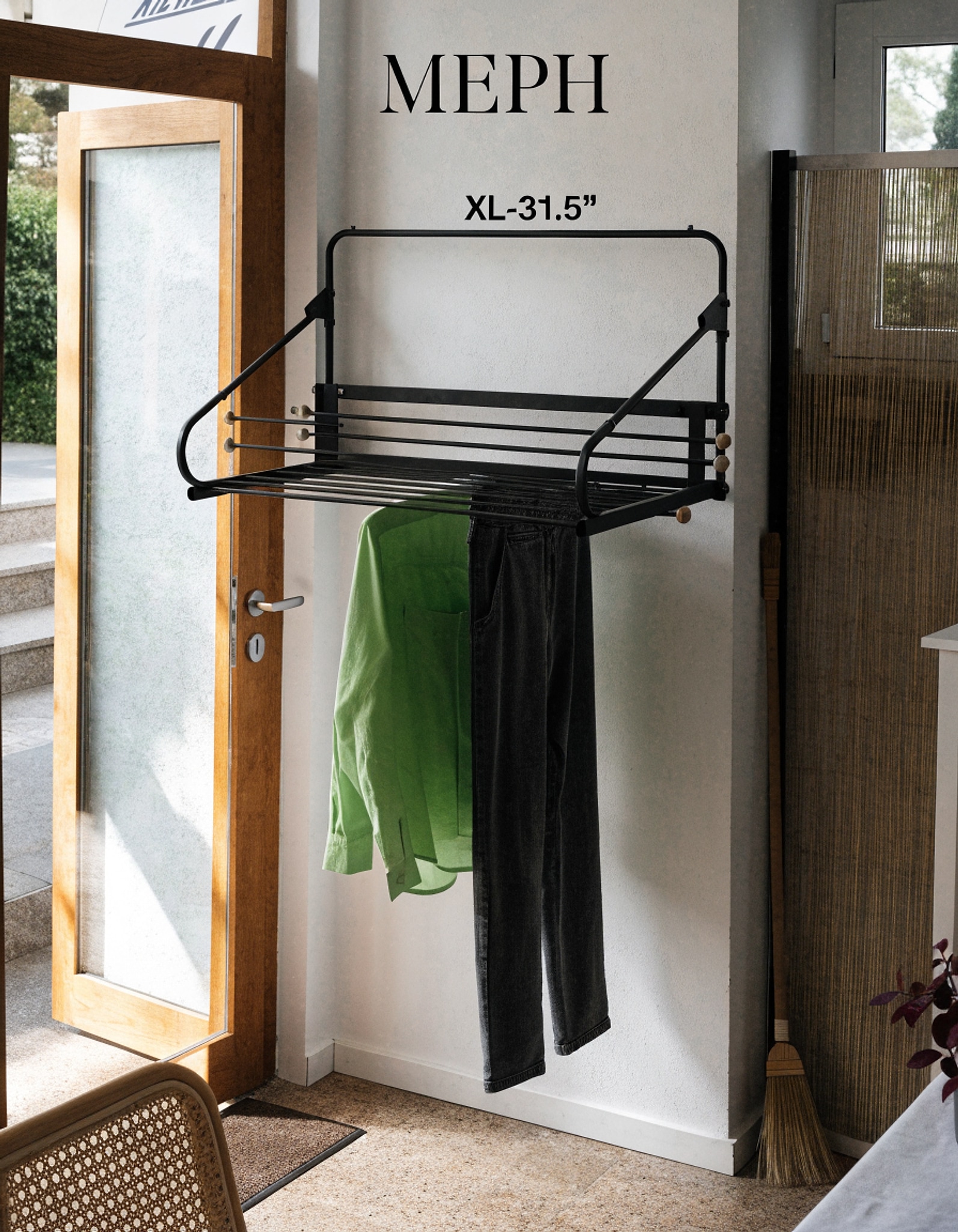 Illustrative visual for XL-31.5'' Wall Mounted Clothes Drying Rack, 130 lbs Large Capacity Rustproof Retractable Collapsible Drying Rack Easy Install with 7 Drying Rods, Space Saving Towel Drying Rack for Laundry-Black