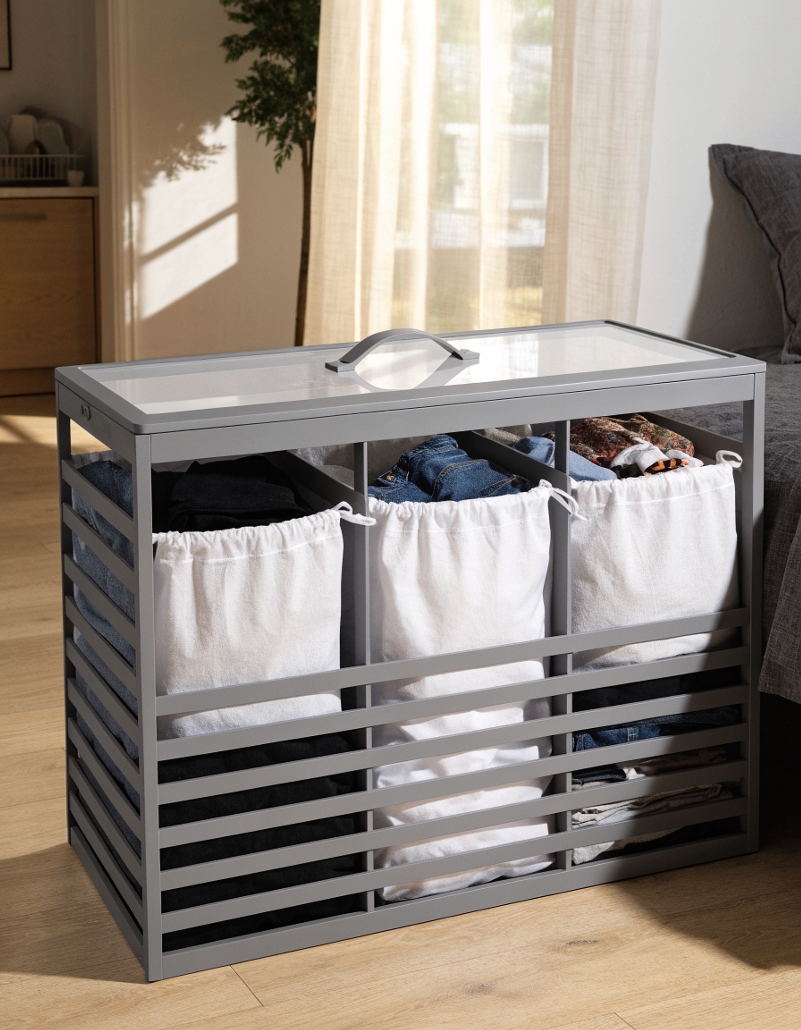 Illustrative visual for 185L Laundry Hamper 3 Section with Lid, Grey Hamper 3 Compartment with 3 Removable Laundry Bags, Large Laundry Basket for Bedroom, Laundry Room, Dorm