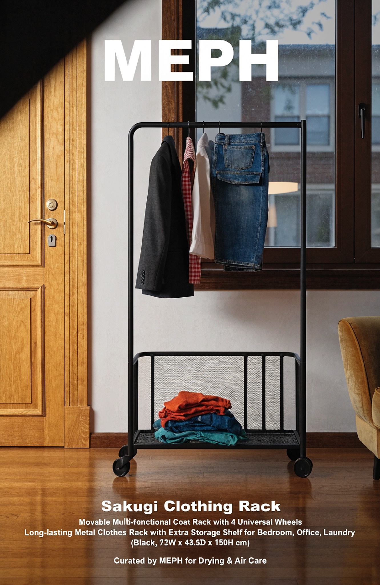 Illustrative visual for Sakugi Clothing Rack - Movable Multi-Functional Coat Rack with 4 Universal Wheels, Long-Lasting Metal Clothes Rack with Extra Storage Shelf for Bedroom, Office, Laundry(Black, 73W x 43.5D x 150H cm)
