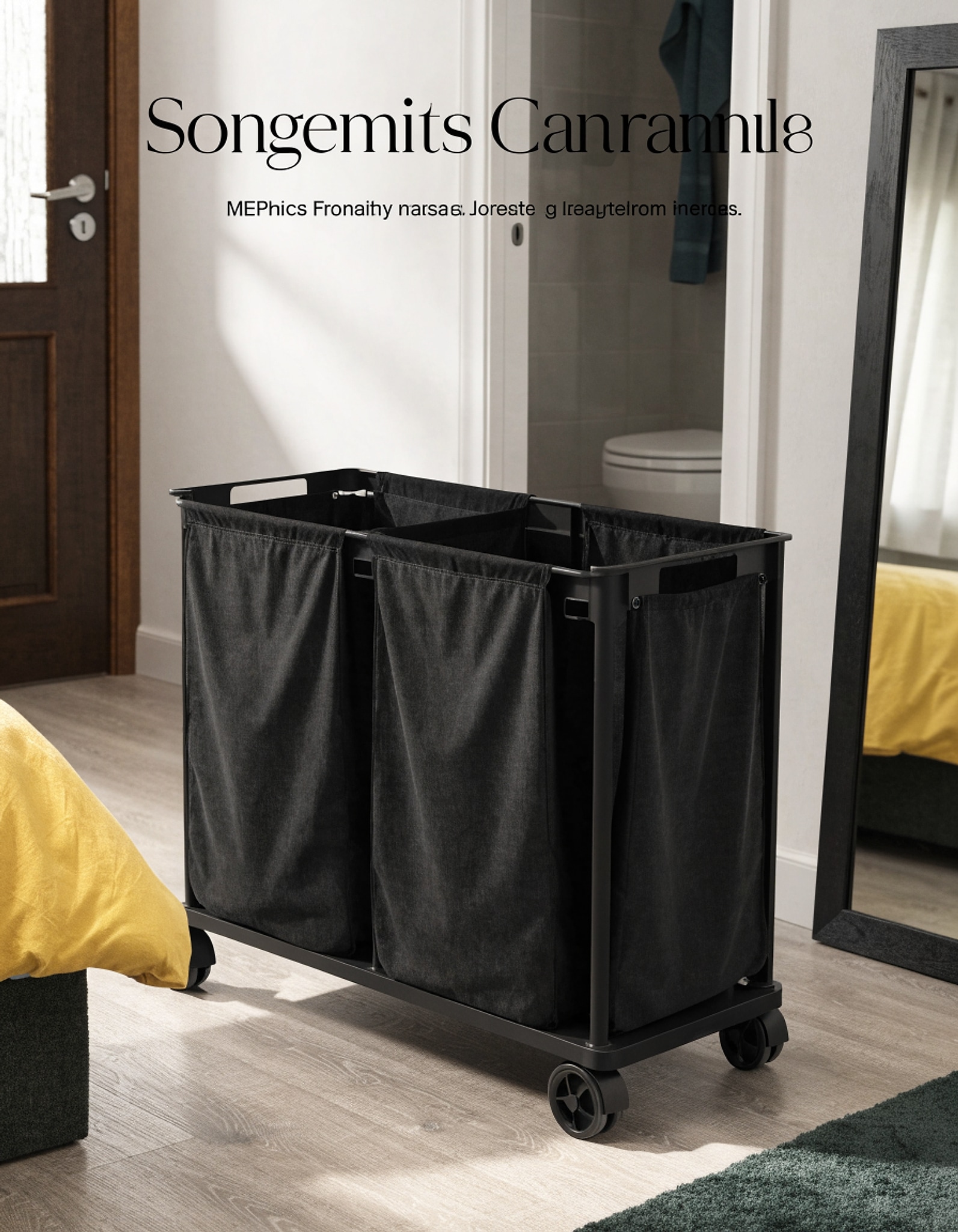 Illustrative visual for SONGMICS 3-Section Laundry Sorter, Laundry Hamper with Wheels, Rolling Clothes Hamper Cart with Large Capacity and Removable Bags, for Laundry Room, Bedroom, Bathroom, Ink Black URLS330B01