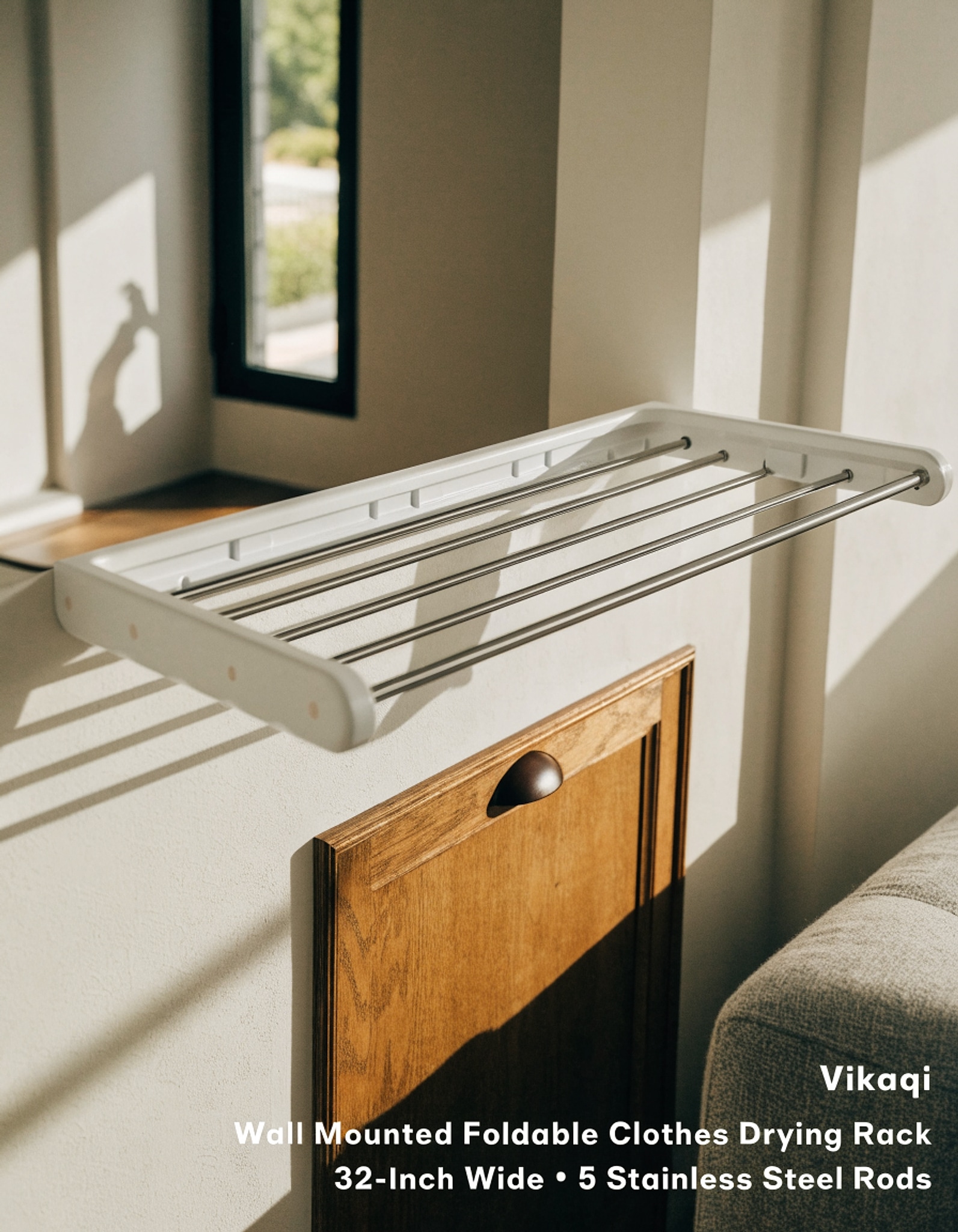 Illustrative visual for Vikaqi Wall Mounted Foldable Clothes Drying Rack, 32-Inch Wide, 5 Stainless Steel Rods, Space-Saving Laundry Drying Rack with Wall Template, White