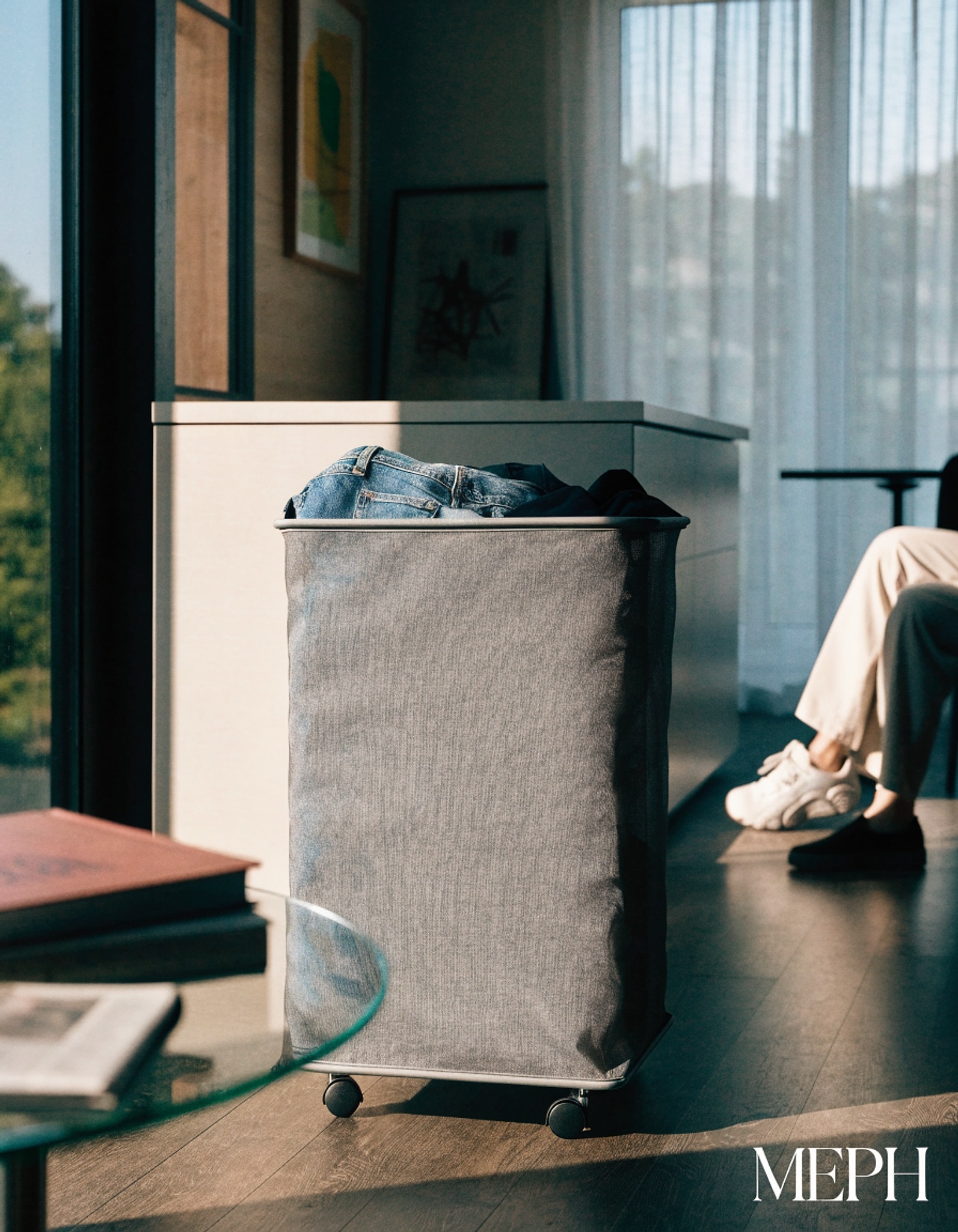 Illustrative visual for DOKEHOM 52L Slim Rolling Laundry Basket Hamper, Narrow on Wheels, Grey