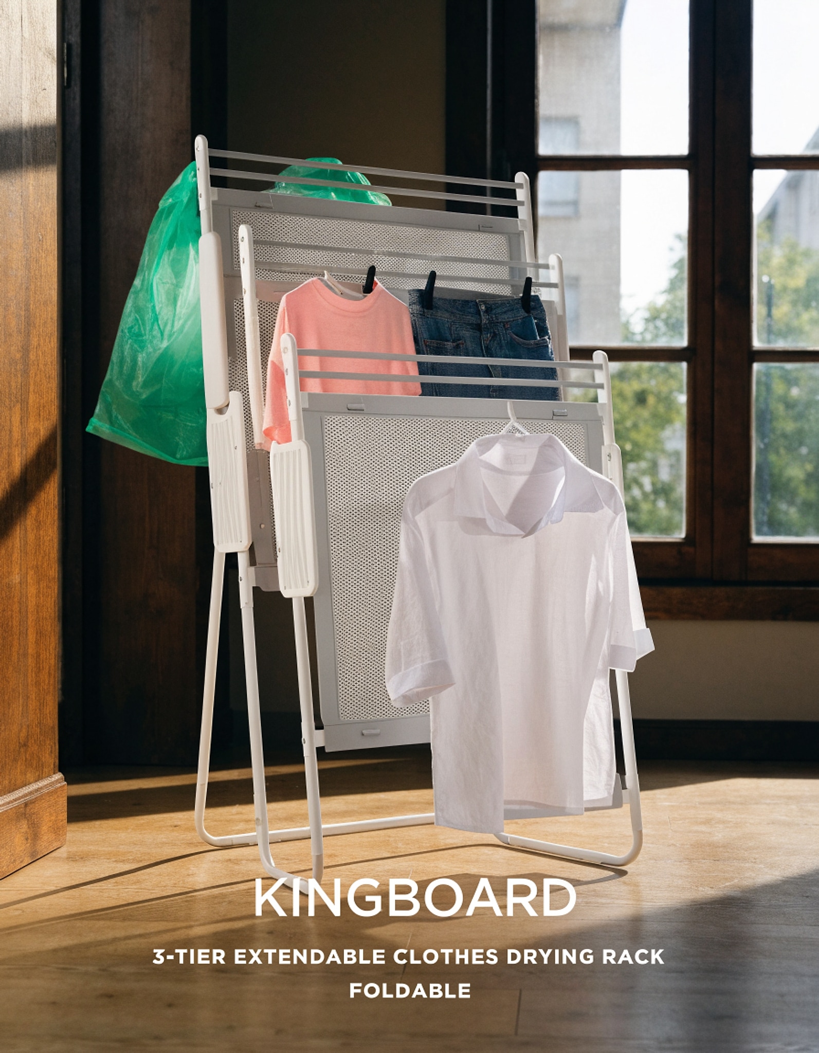 Illustrative visual for KINGBOARD 3-Tier Extendable Clothes Drying Rack, Foldable, White & Grey