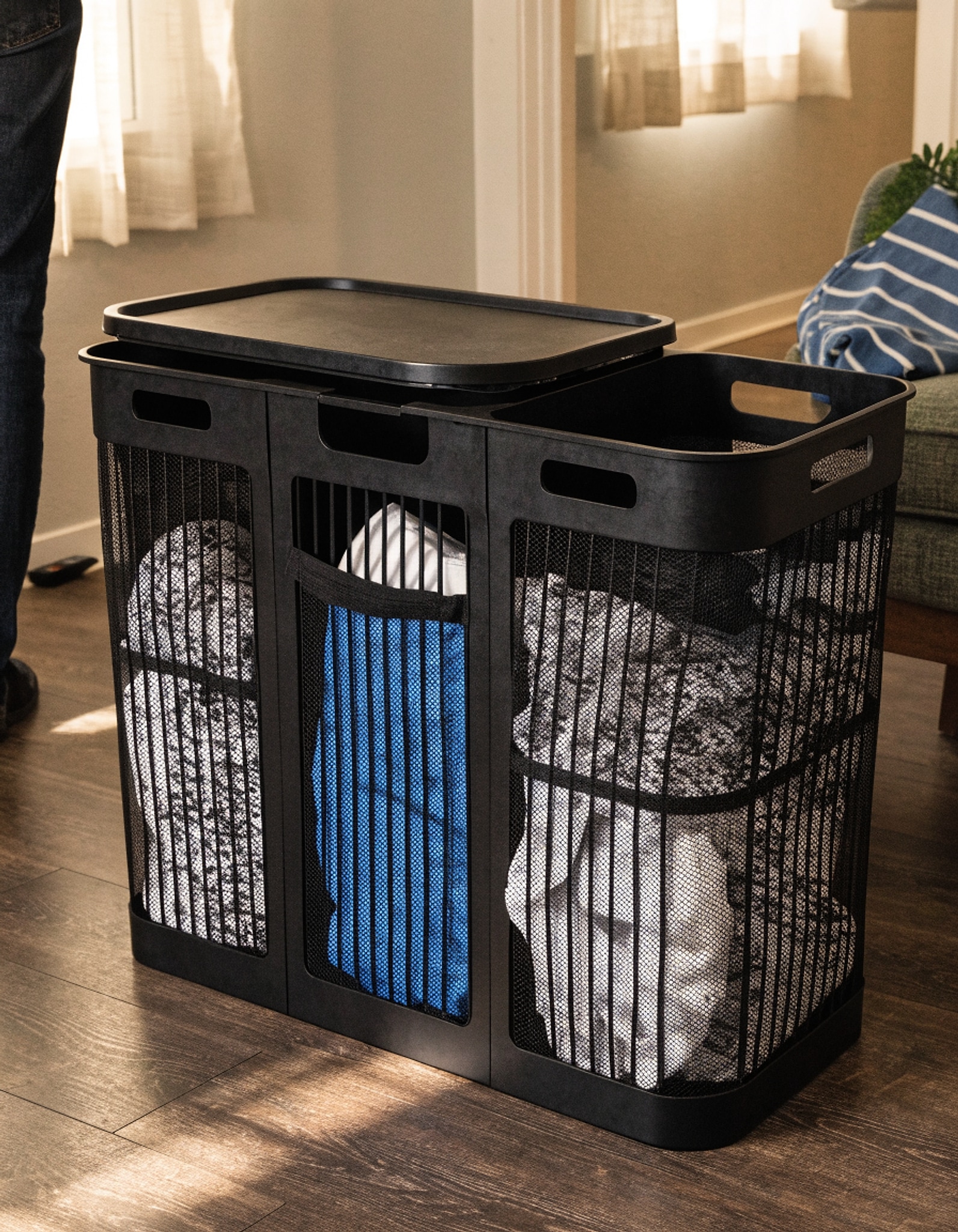 Illustrative visual for 185L Laundry Hamper 3 Section, Laundry Hamper with Lid, Dirty Clothes Hamper with 3 Removable Washing Bags, Extra Large Laundry Basket Organizer for Bedroom, Laundry Room, Dorm - Black
