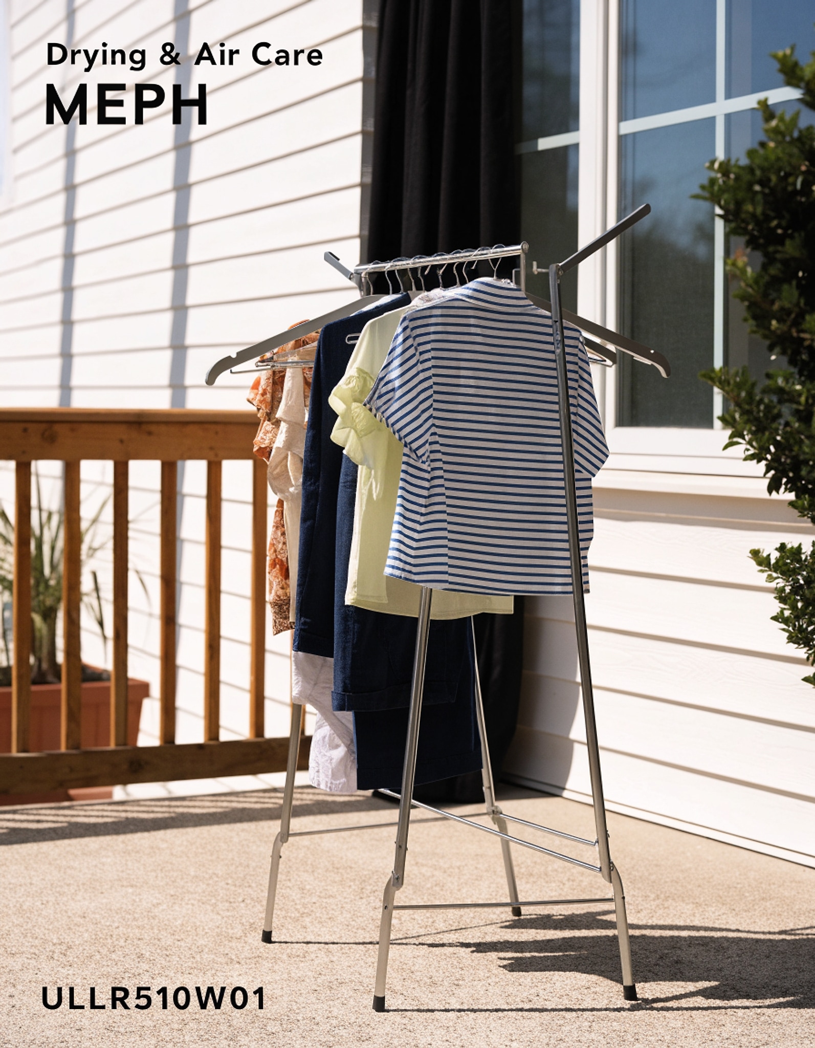 Illustrative visual for SONGMICS Clothes Drying Rack, 59-Inch Folding Laundry Drying Rack with 3 Rotatable Arms for Hangers, 4 Legs, Stainless Steel, for 27 Pieces of Clothes, White and Silver ULLR510W01