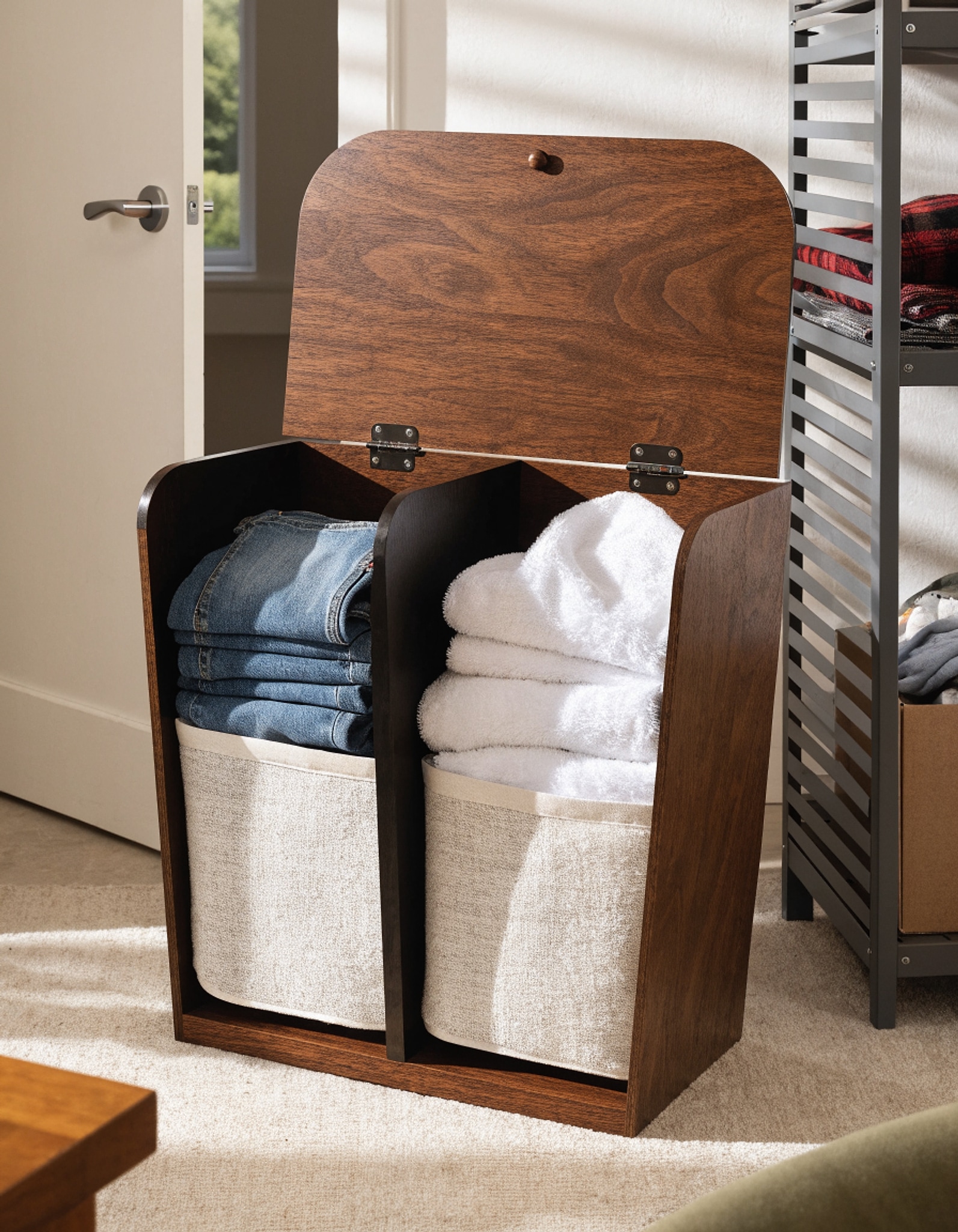 Illustrative visual for SMIBUY Double Laundry Hamper with Lid, 120L Bamboo Laundry Basket with Removable Liner Bag, 2-Section Clothes Divider Laundry Sorter for Laundry Room, Bathroom, Bedroom (Walnut)