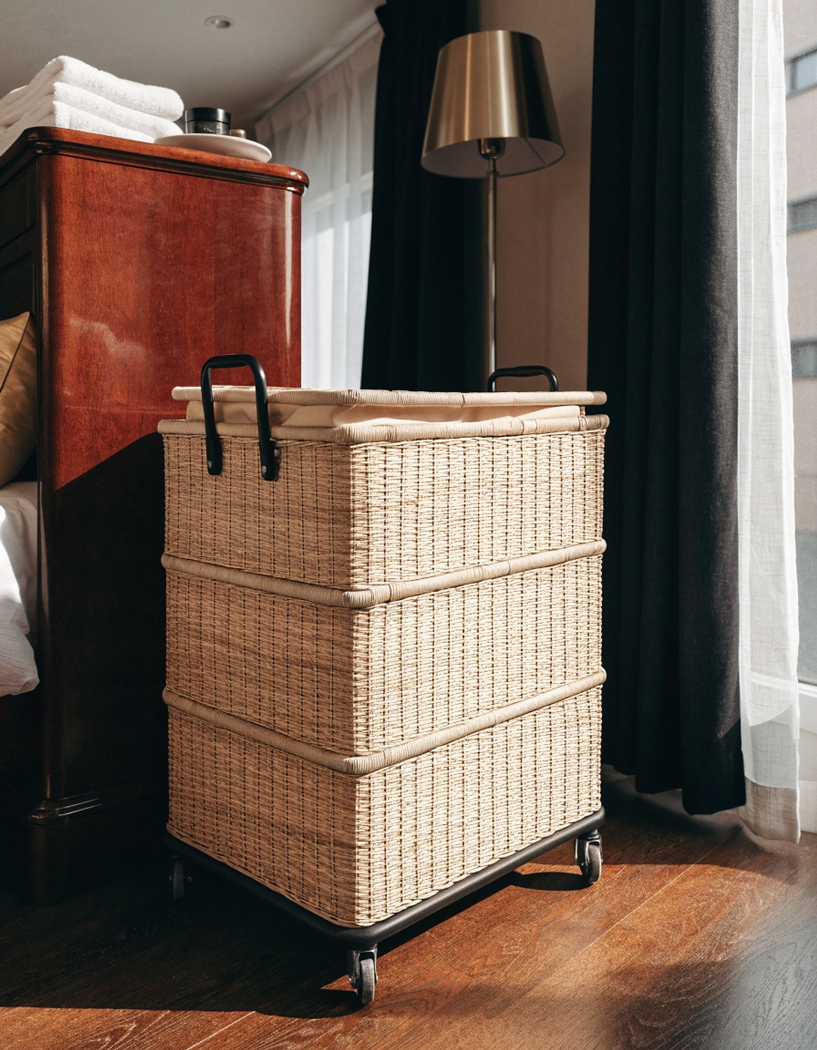Illustrative visual for SONGMICS Laundry Hamper with Lid, 42.3 Gallons (160 L), Rolling Laundry Basket with Wheels, 3-Section Synthetic Rattan, Removable Liner, Bedroom, 27.6 x 14.2 x 26 Inches, Natural ULCB365N01