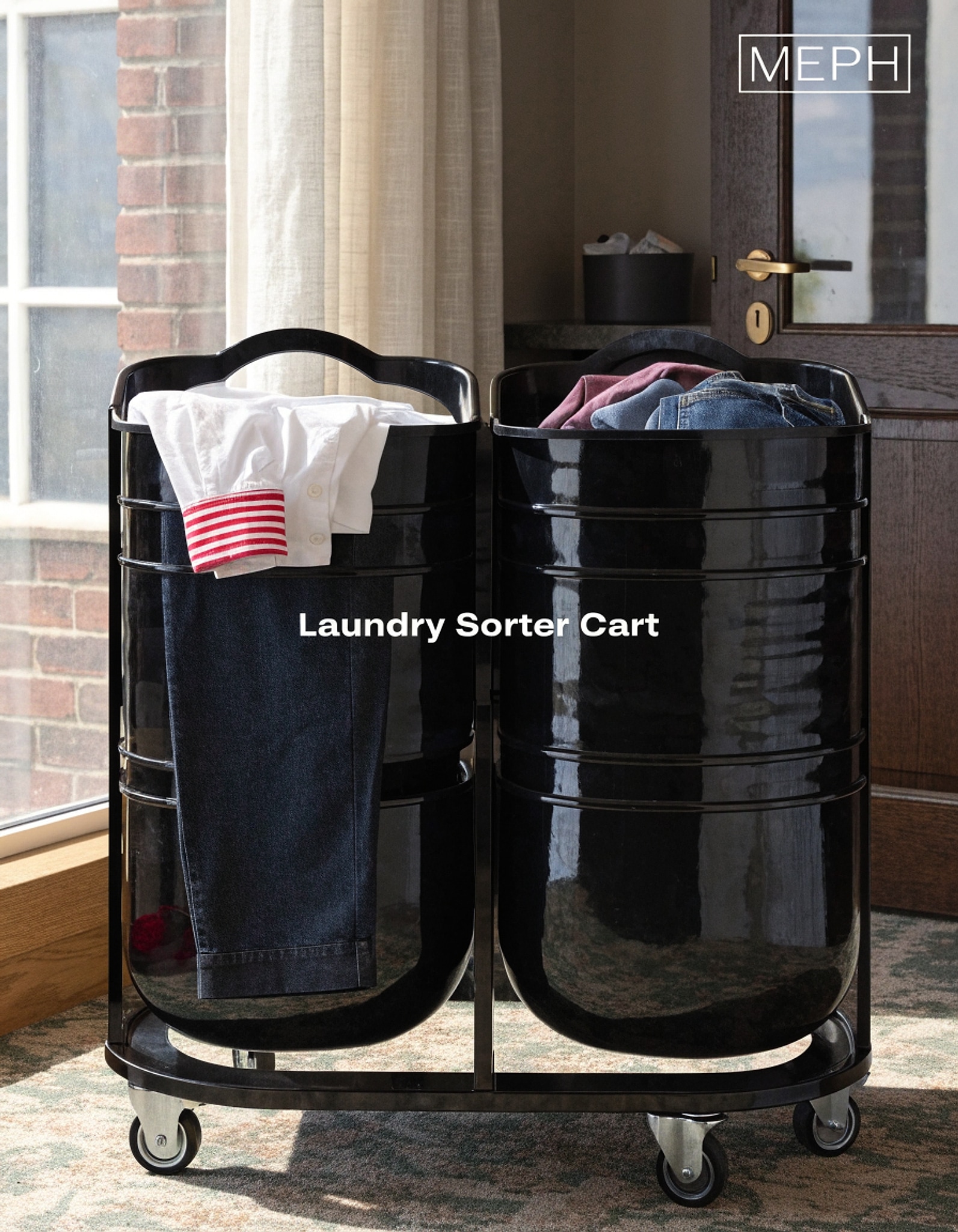 Illustrative visual for Hoctieon 2 Section Laundry Sorter Cart, 400L Rolling Hamper with Wheels, Industrial Laundry Basket Organizer, Extra Large Dirty Clothes Hamper for Home & Hotel, Heavy Duty, Black