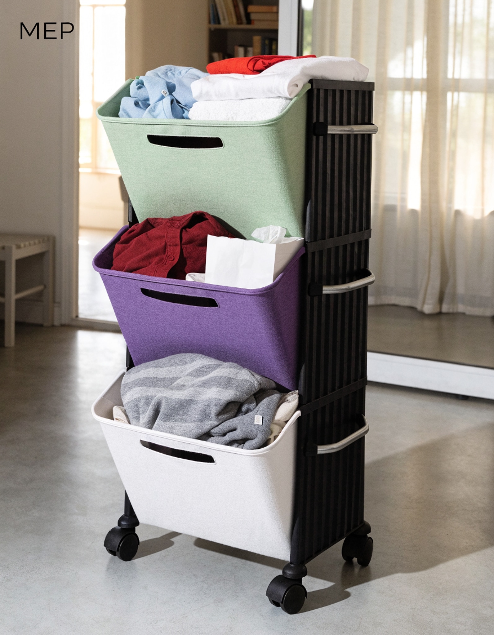 Illustrative visual for STORAGE MANIAC 120 Liters Vertical Rolling Laundry Hamper, 3 Section Laundry Sorter with Wheels and 2 Breaks, 3-tier Laundry Baskets for Small Space, Dorm, Laundry Room, Closet, Multicolored 3-tier