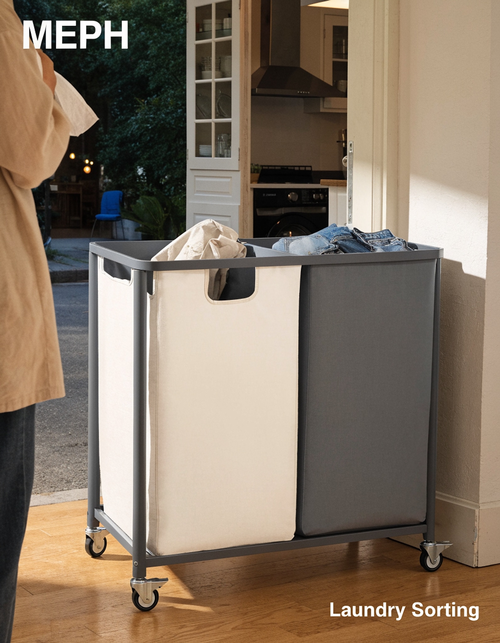Illustrative visual for SONGMICS Laundry Basket with Wheels, 2-Section Laundry Sorter, 50.2 Gallons (190 L) Rolling Hamper with Removable Bags, Heavy-Duty Steel Frame, Cream White and Dark Gray URLS009X01