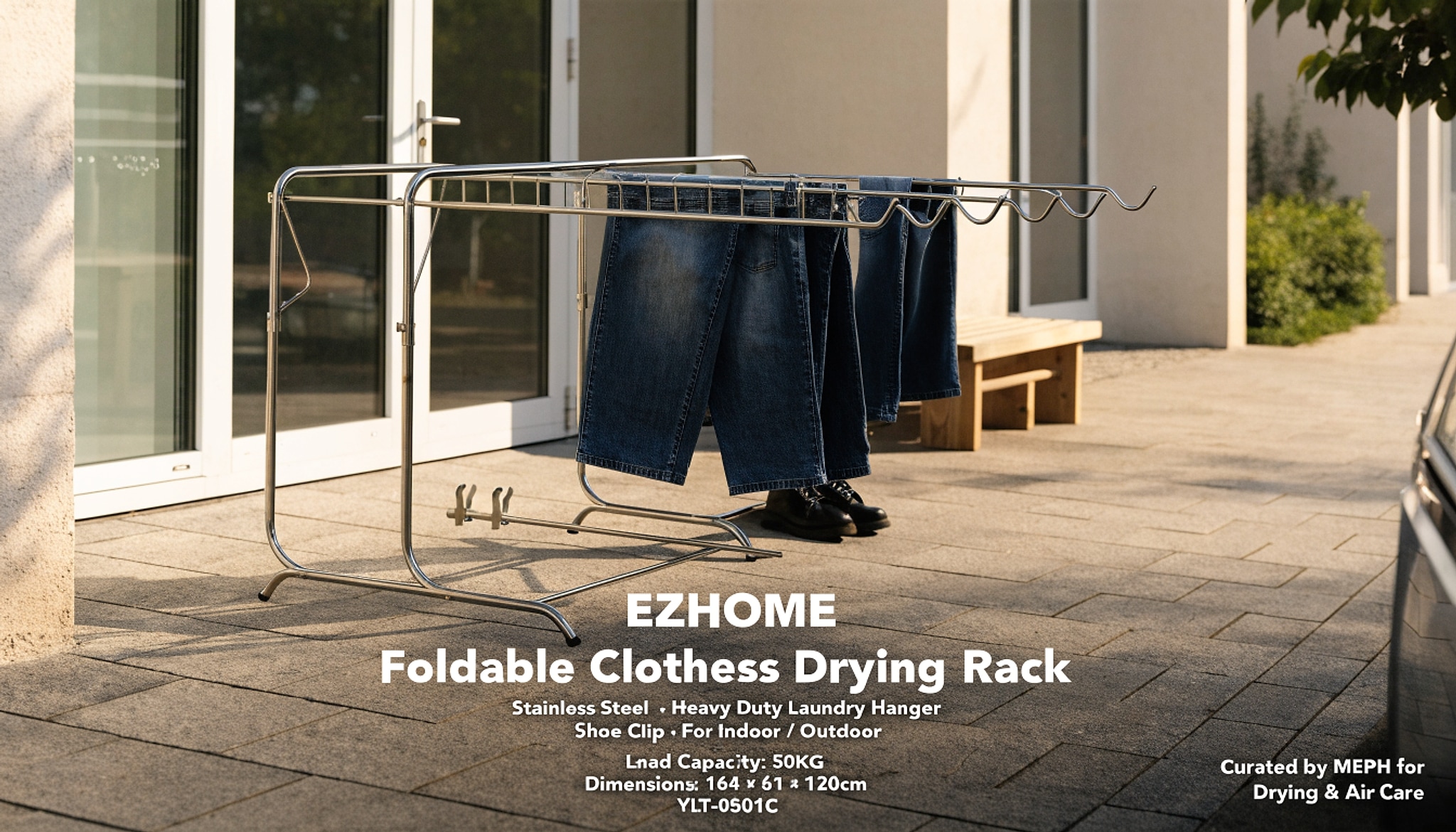 Illustrative visual for EZHOME Foldable Clothes Drying Rack, Stainless Steel Heavy Duty Laundry Hanger with Shoe Clips, Indoor Outdoor Use, 50KG Load, 164×61×120cm, Collapsible & Space Saving Design, YLT-0501C