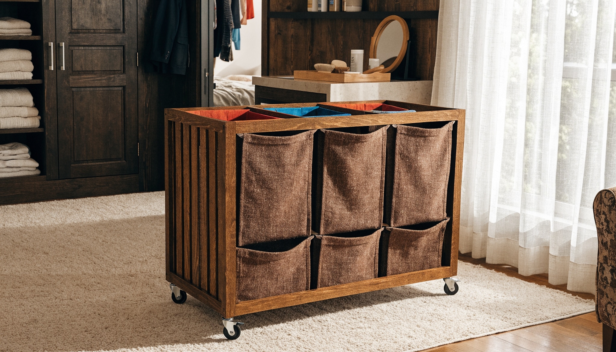 Illustrative visual for Large Laundry Sorter, 300L Rolling Laundry Hamper with 4 Section Pull-Out Bags, Laundry Basket with 3 Drawers, Laundry Hamper with Wheels, Laundry Room Organization for Bathroom Bedroom, Rustic Brown