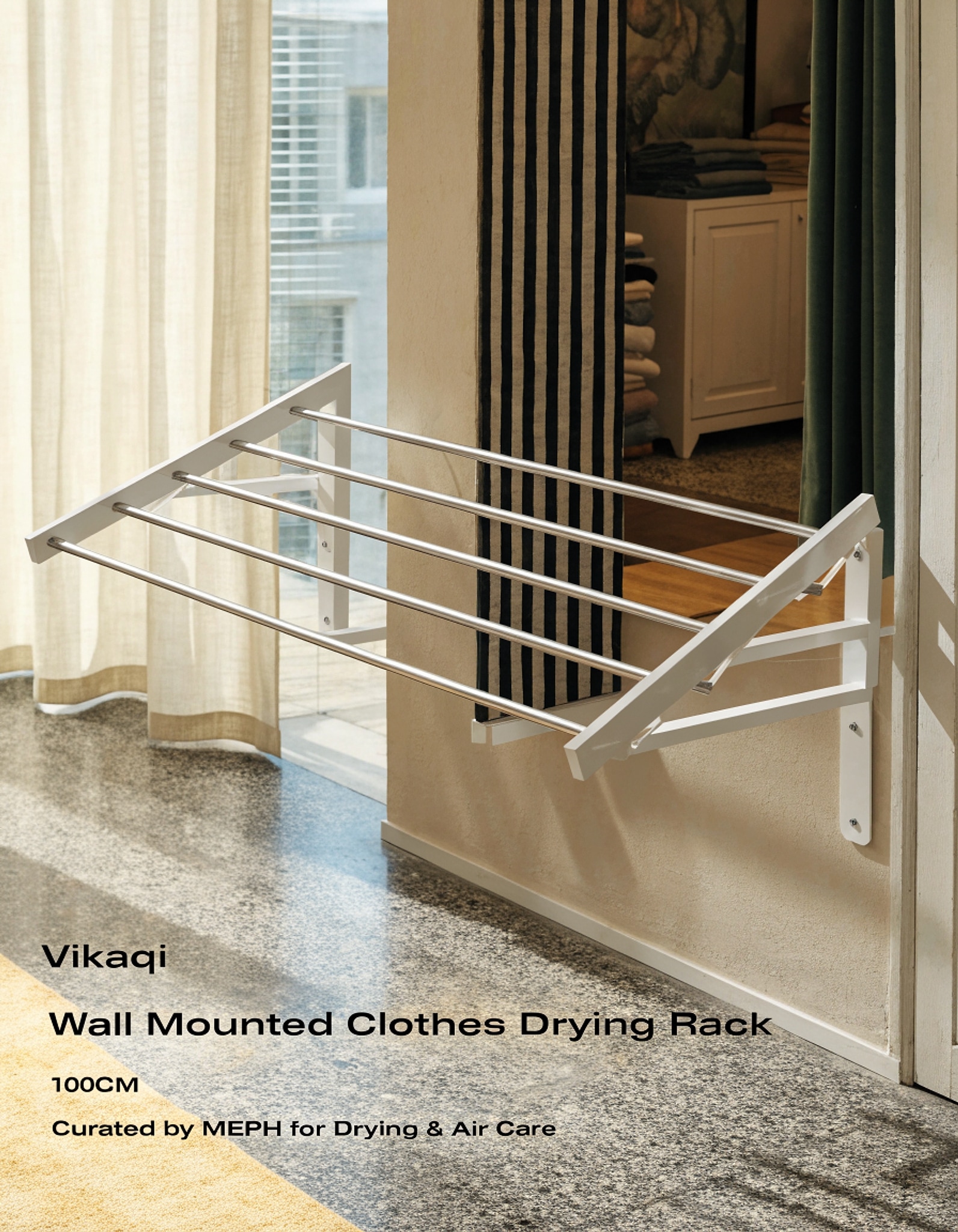 Illustrative visual for Vikaqi Wall Mounted Clothes Drying Rack 100CM, Foldable Wall Mount Laundry Rack Folding Indoor, Drying Rack Clothing Collapsible, Towel Rack with Wall Template, 6 Rods, White