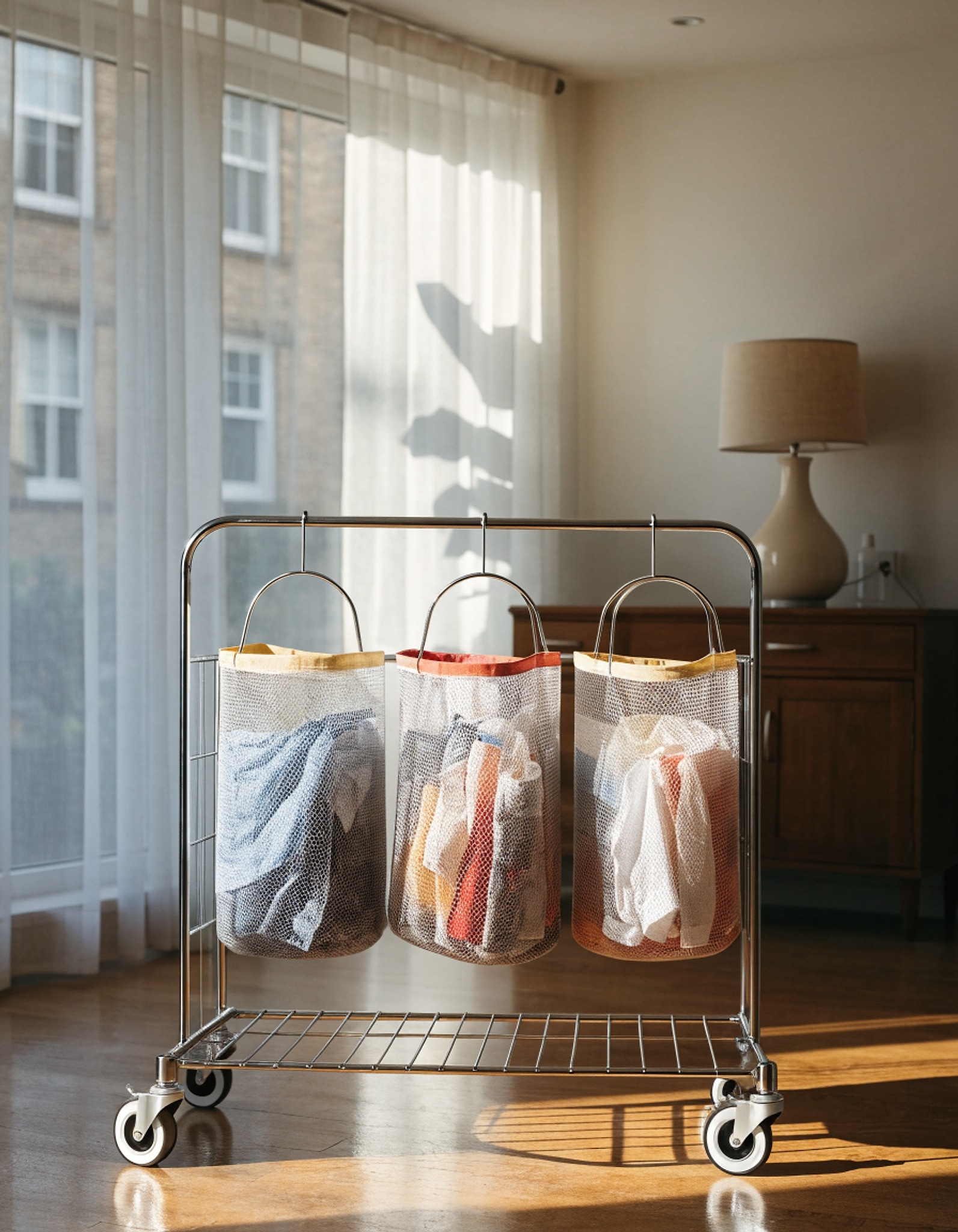 Illustrative visual for Simple Houseware 3 Bags Laundry Sorter Cart with Hanging Rod, Silver