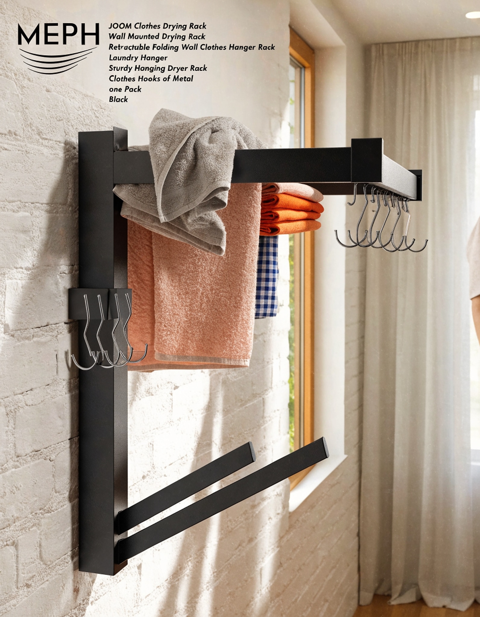 Illustrative visual for JOOM Clothes Drying Rack,Wall Mounted Drying Rack,Retractable Folding Wall Clothes Hanger Rack Laundry Hanger Sturdy Hanging Dryer Rack Clothes Hooks of Metal (one Pack, Black)