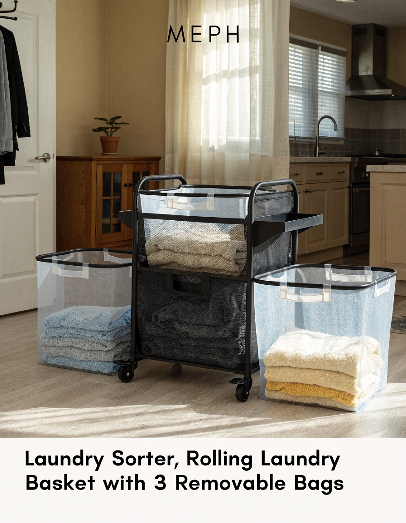 Illustrative visual for SONGMICS Laundry Sorter, Rolling Laundry Basket with 3 Removable Bags, Laundry Hamper, Laundry Cart, for Laundry Room, Bedroom, Bathroom, 3 x 11.9 Gallons, Ink Black URLS102B01
