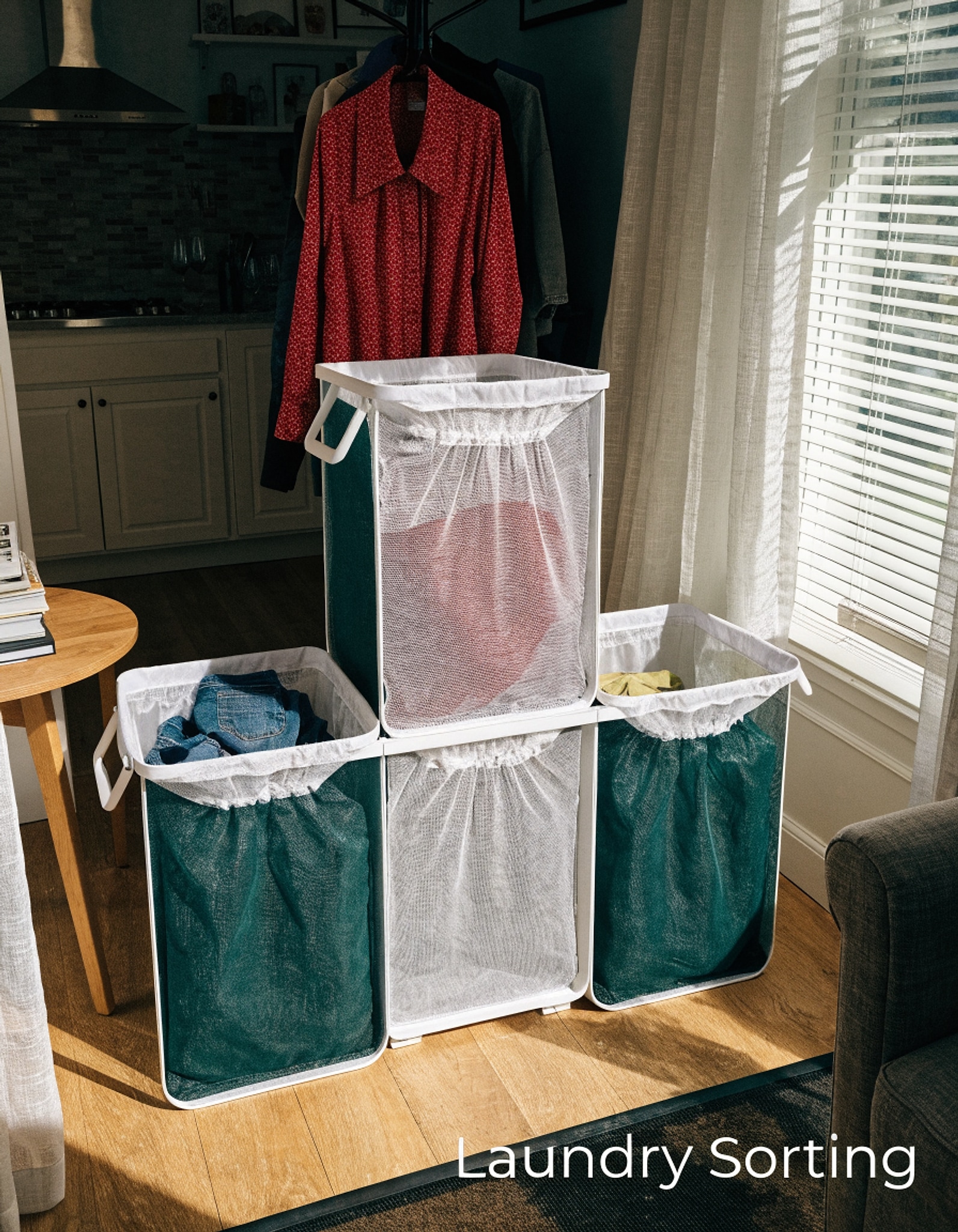 Illustrative visual for SortWise 3-Section Foldable Laundry Hamper with Removable Bags