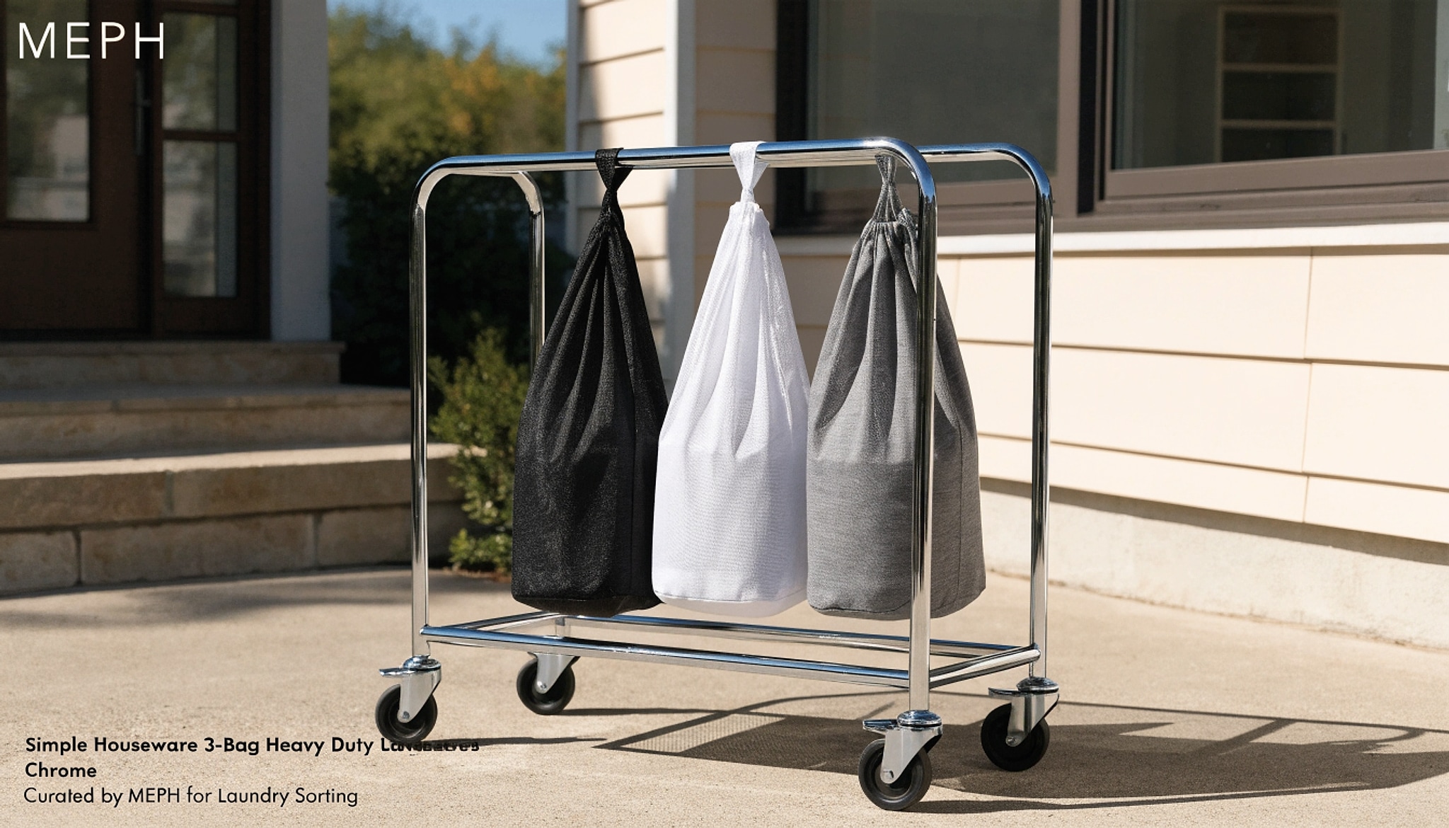 Illustrative visual for Simple Houseware 3-Bag Heavy Duty Laundry Sorter Rolling Cart, Chrome