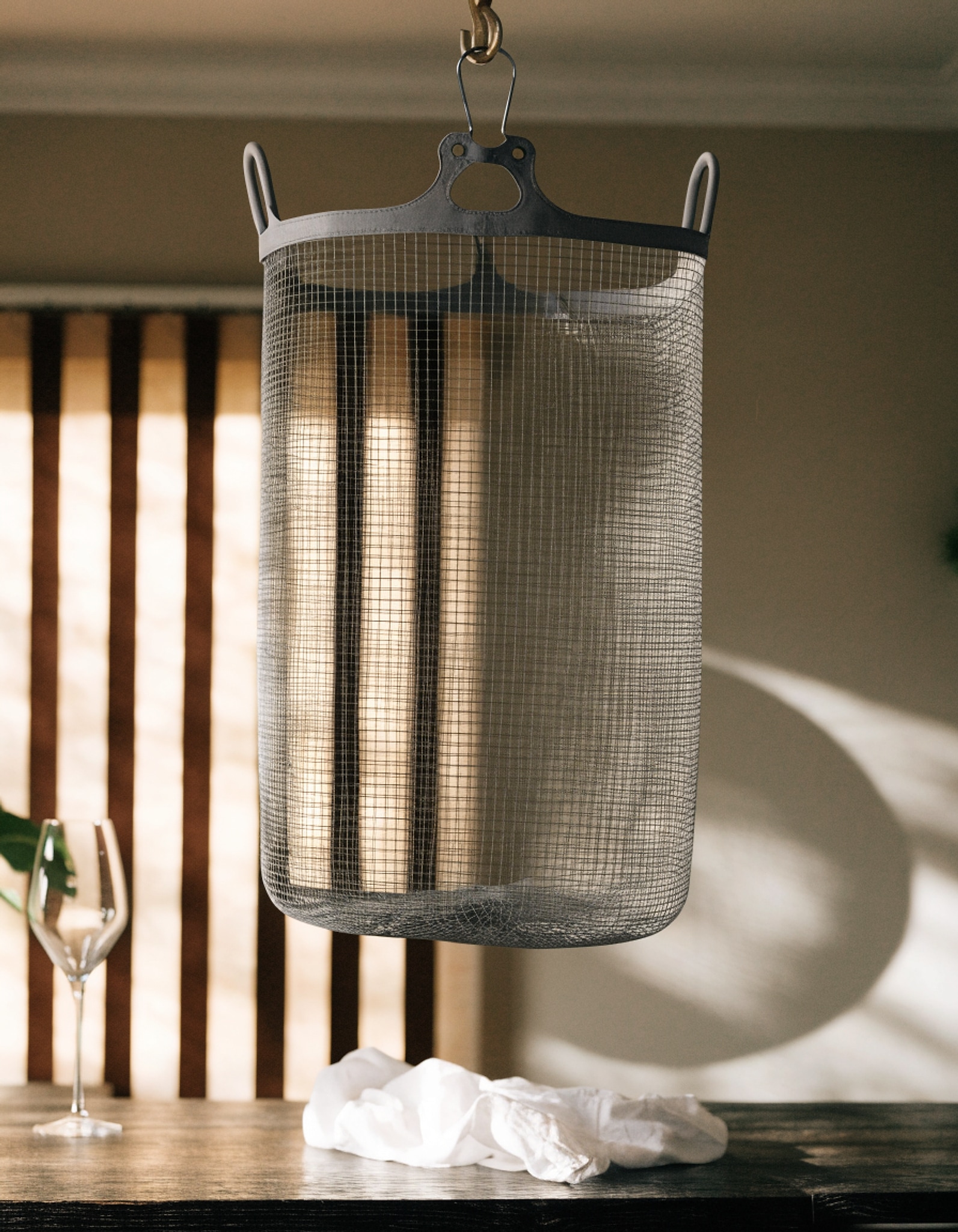 Illustrative visual for Hanging Collapsible Mesh Laundry Basket with 2 Hooks & Handles, Grey