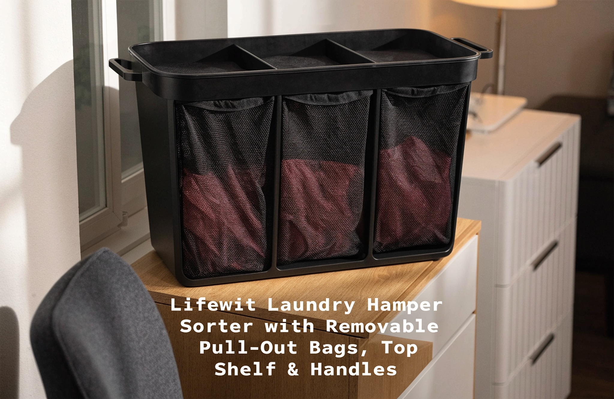 Illustrative visual for Lifewit Laundry Hamper & Basket, 120L 3-Section Sorter with Removable Pull-Out Bags, Top Shelf & Handles, 37.5×13.1×28.3 Inch (95.5×33.5×72cm), Black, for Laundry Room, Bedroom, Bathroom & Dorm