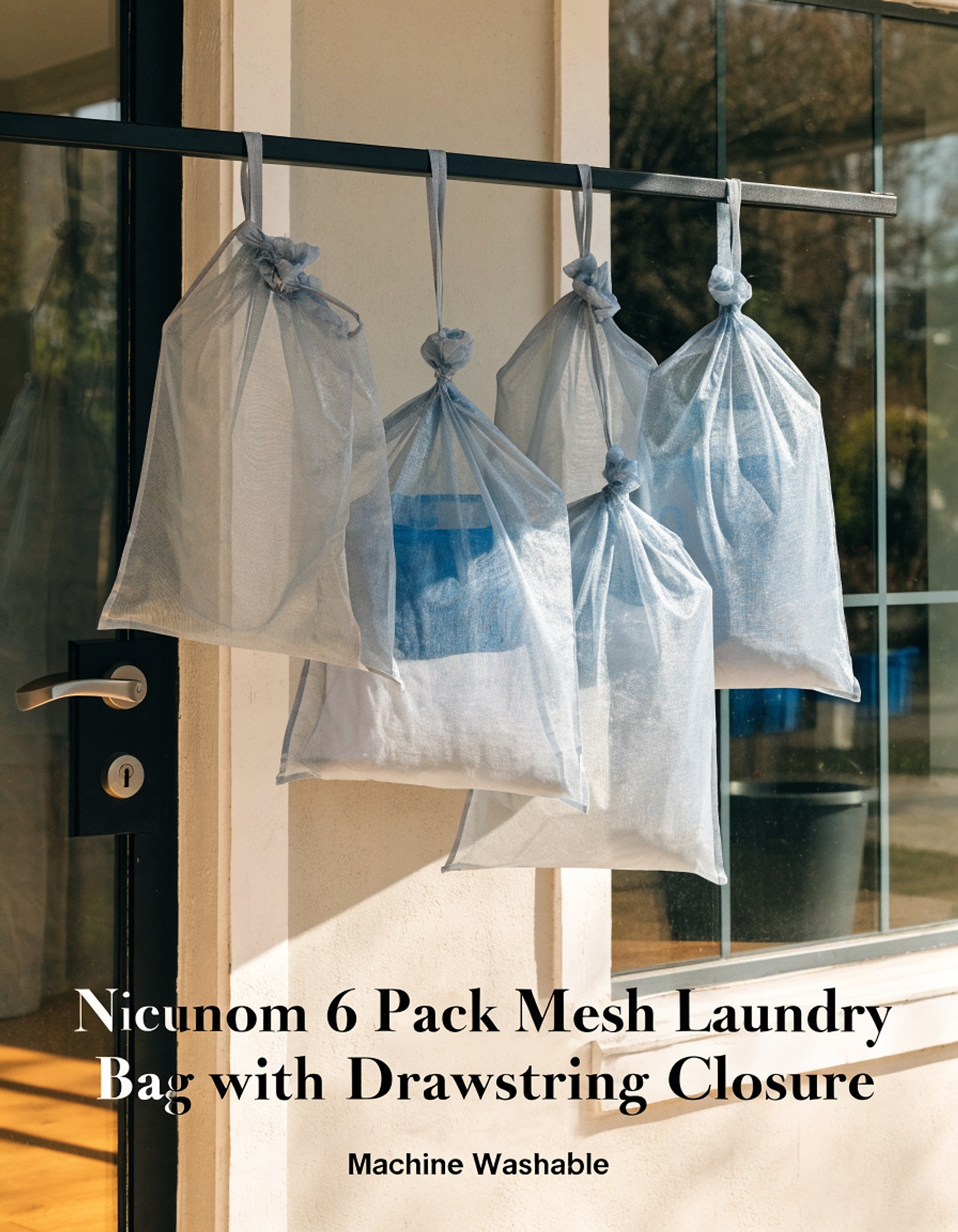 Illustrative visual for Nicunom 6 Pack Mesh Laundry Bag with Drawstring Closure, 24" x 36" Heavy Duty Extra Large Laundry Bags for Travel, Storage, College, Dorm and Apartment Dwellers, Machine Washable