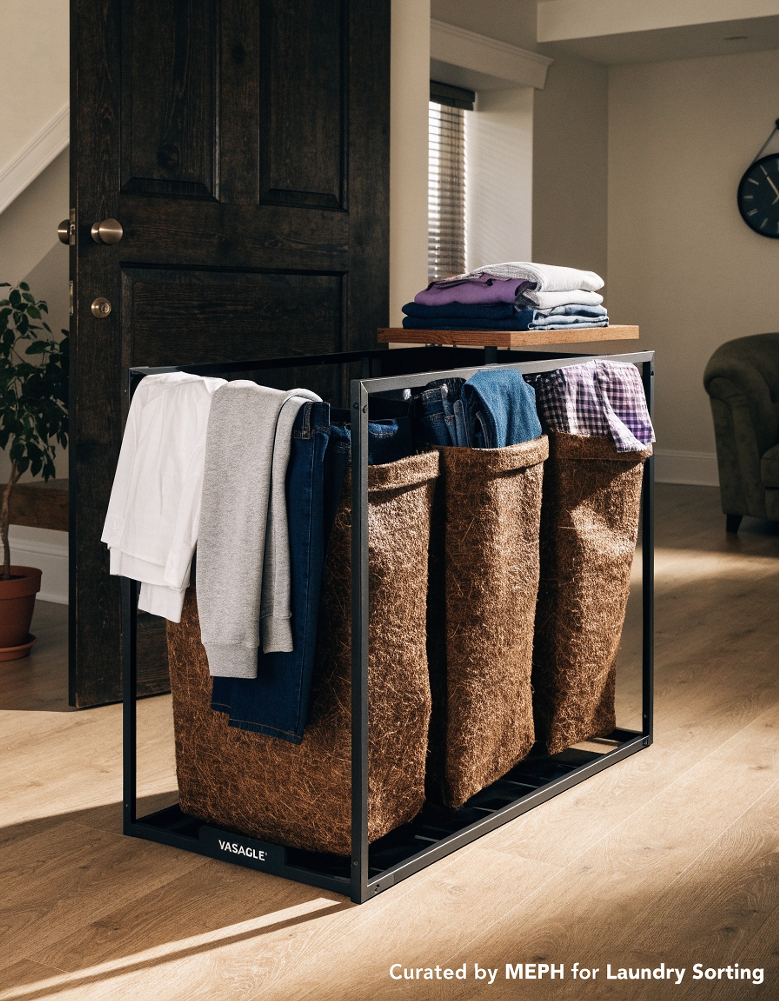 Illustrative visual for VASAGLE Laundry Hamper, Laundry Basket, Laundry Sorter with 3 Pull-Out and Removable Bags, Shelf, Metal Frame, 3 x 10.6 Gallons (40 L), 36.4 x 13 x 28.4 Inches, Ink Black and Rustic Brown UBLH301B01