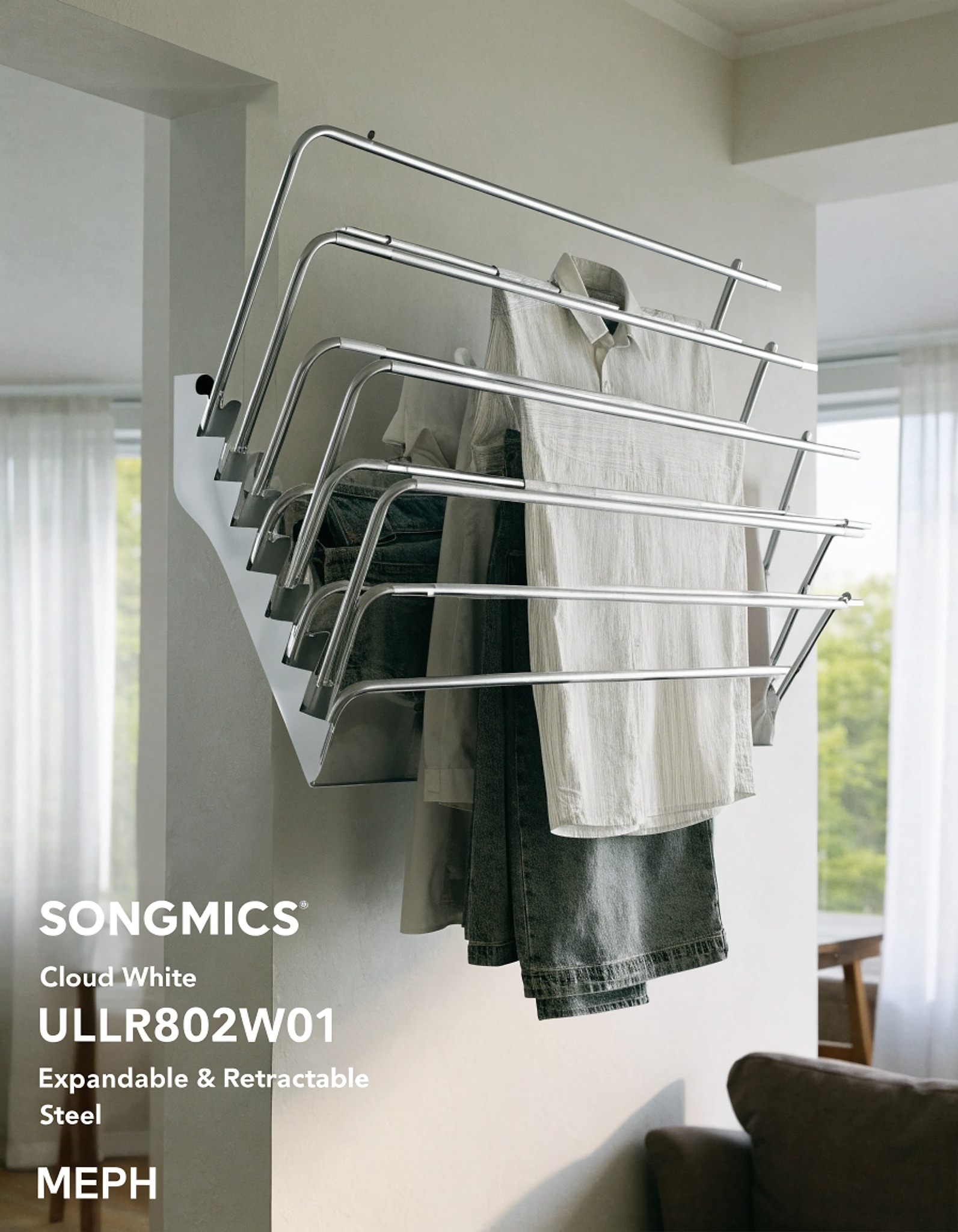 Illustrative visual for SONGMICS Clothes Drying Rack, Wall-Mounted Drying Rack Clothing, Accordion Laundry Rack, 9 Staggered Hanging Rods, Expandable and Retractable, Steel, Cloud White ULLR802W01