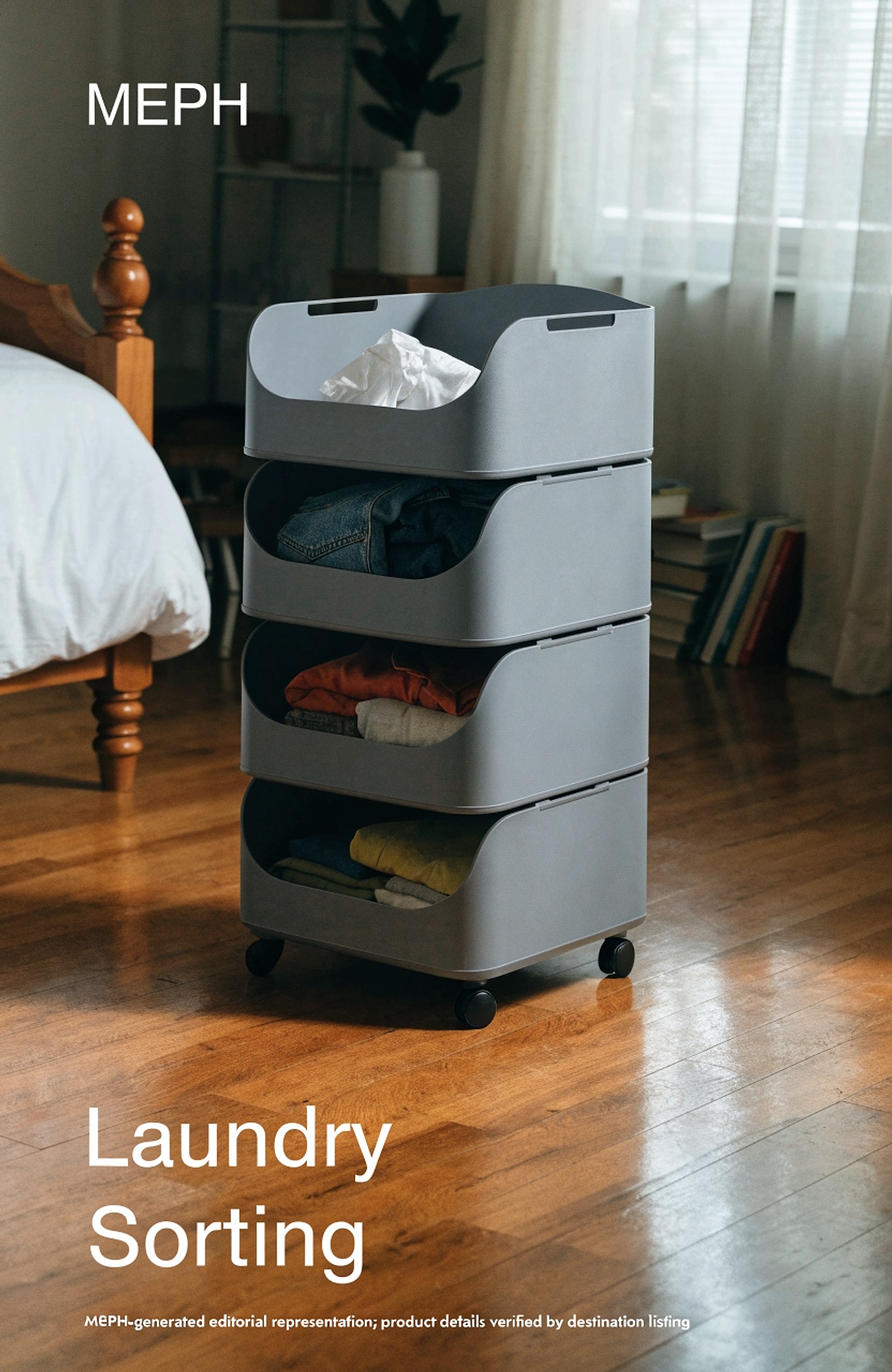 Illustrative visual for STORAGE MANIAC Vertical Rolling Laundry Hamper, 4 Section Laundry Sorter with Wheels and 2 Breaks, 4-tier Laundry Baskets for Small Space, Dorm, Laundry Room, Closet, Bathroom, Gray 4-tier