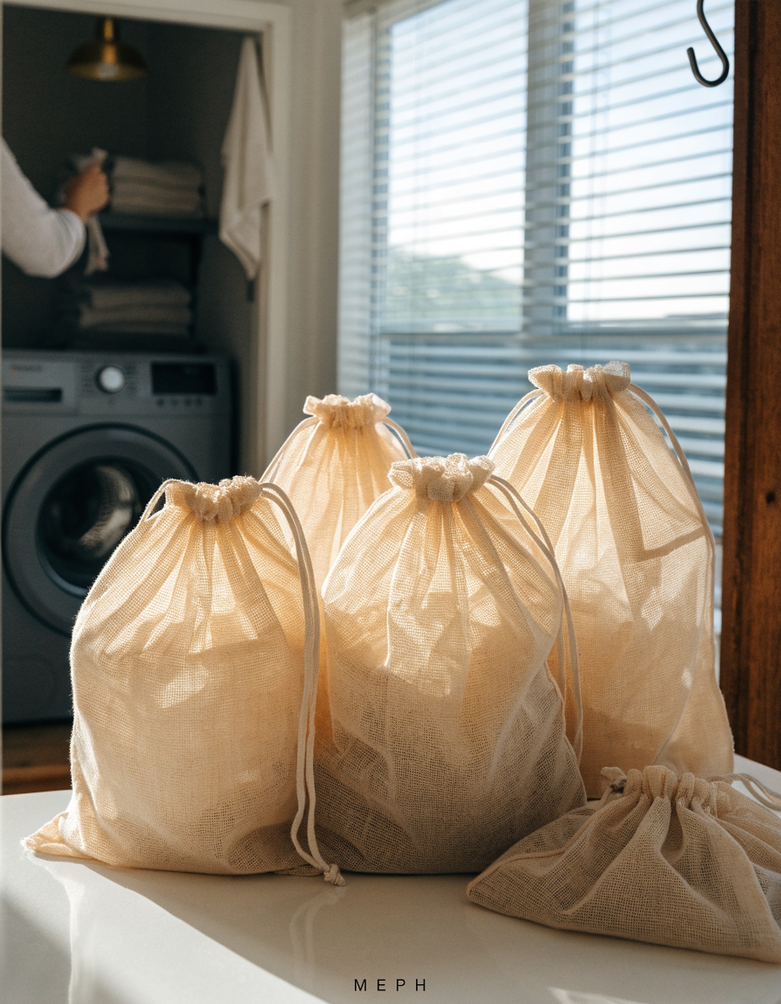 Illustrative visual for 100% Cotton Mesh Laundry Bags, Premium Soft, No Dye, Set of 4, Natural