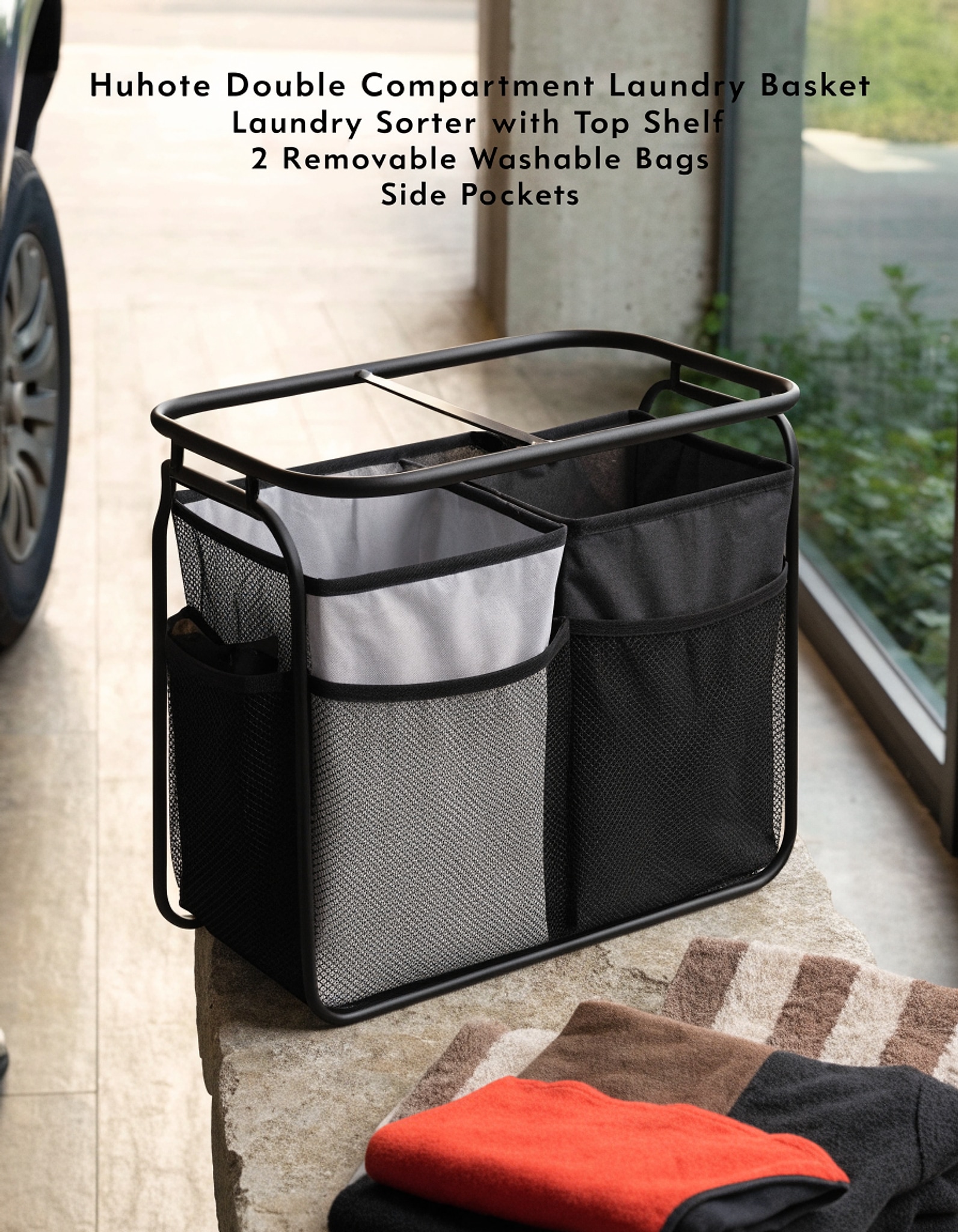 Illustrative visual for Huhote Double Compartment Laundry Basket, Laundry Sorter with Top Shelf, 2 Removable Washable Bags, Side Pockets, Black & White